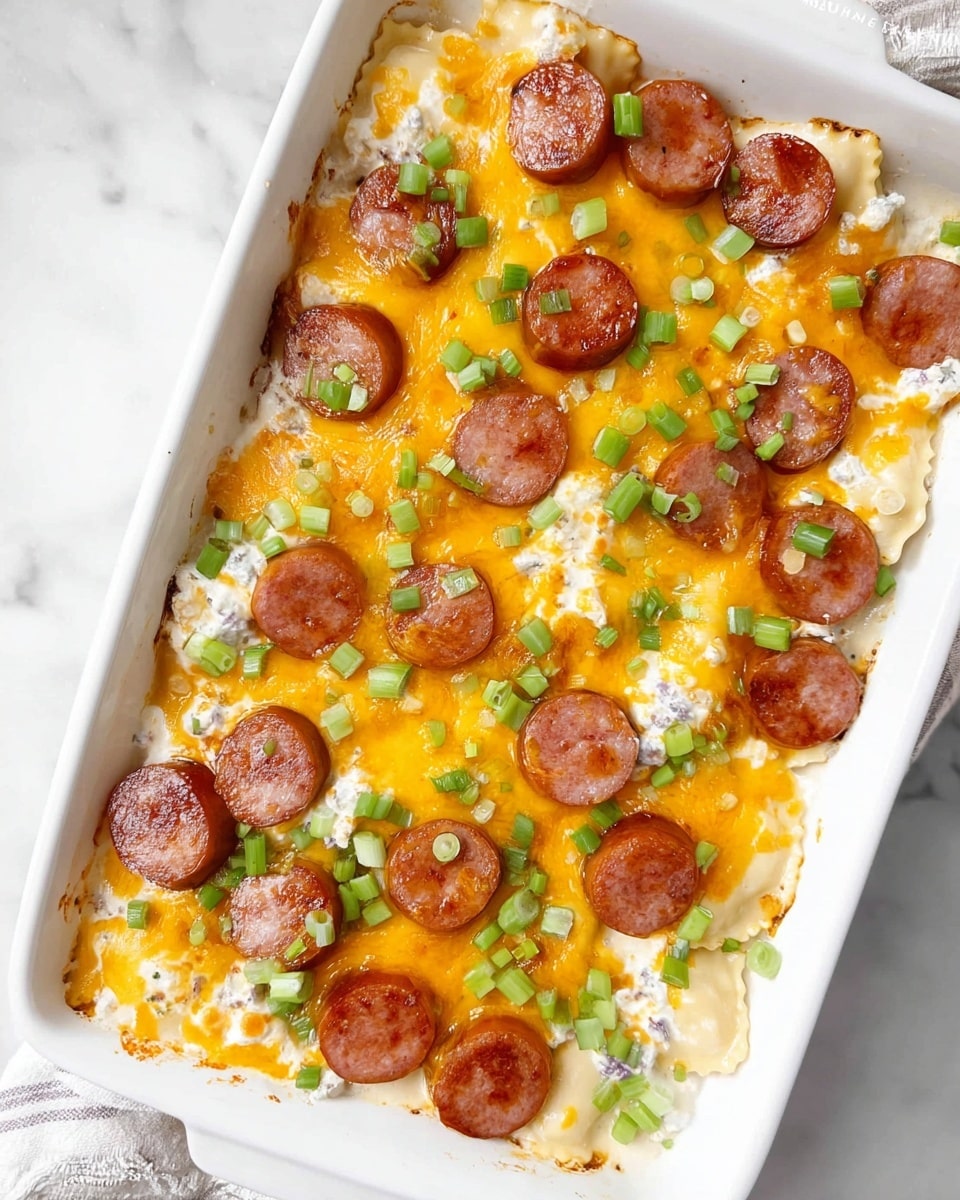 A close-up of a spoonful showing one layer of a dish with white creamy texture topped by melted orange-yellow cheese, garnished with small pieces of green onion and slices of brown sausage. The background shows more of the same dish with similar layers and toppings on a white marbled surface. photo taken with an iphone --ar 4:5 --v 7