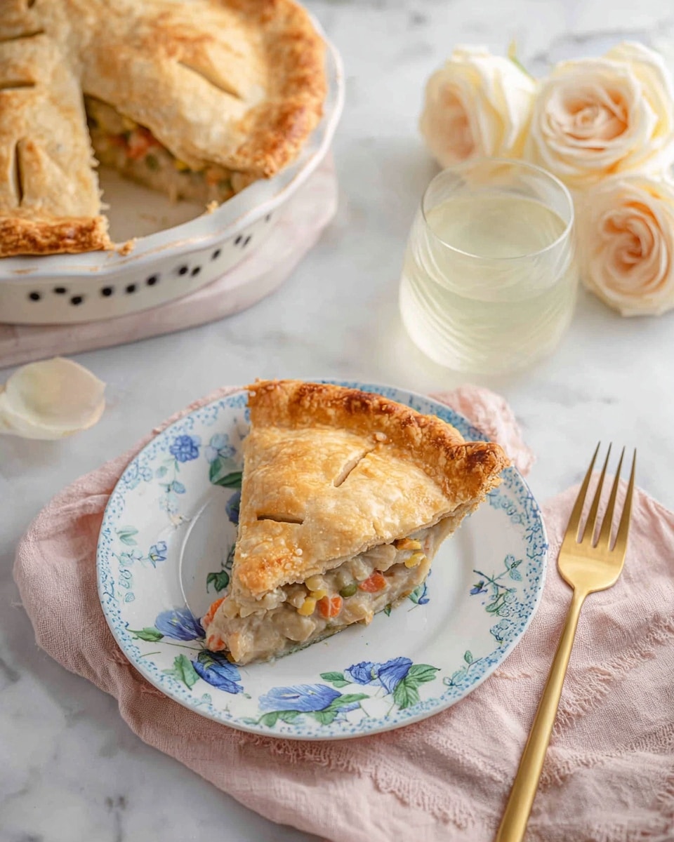 A slice of chicken pot pie sits centered on a white plate with blue decorative patterns. The pie has a golden-brown crust with a slightly crimped edge. The filling layer inside is creamy and light beige, filled with bright orange carrot pieces, vibrant green peas, and yellow corn kernels visible in the mix. The crust on top is flaky and slightly puffed. There is a gold fork resting on the lower left side of the plate. Behind the plate, part of a white pie dish with more pot pie is visible, alongside two pale yellow roses on a white marbled surface. The soft natural light highlights the textures and colors. photo taken with an iphone --ar 4:5 --v 7
