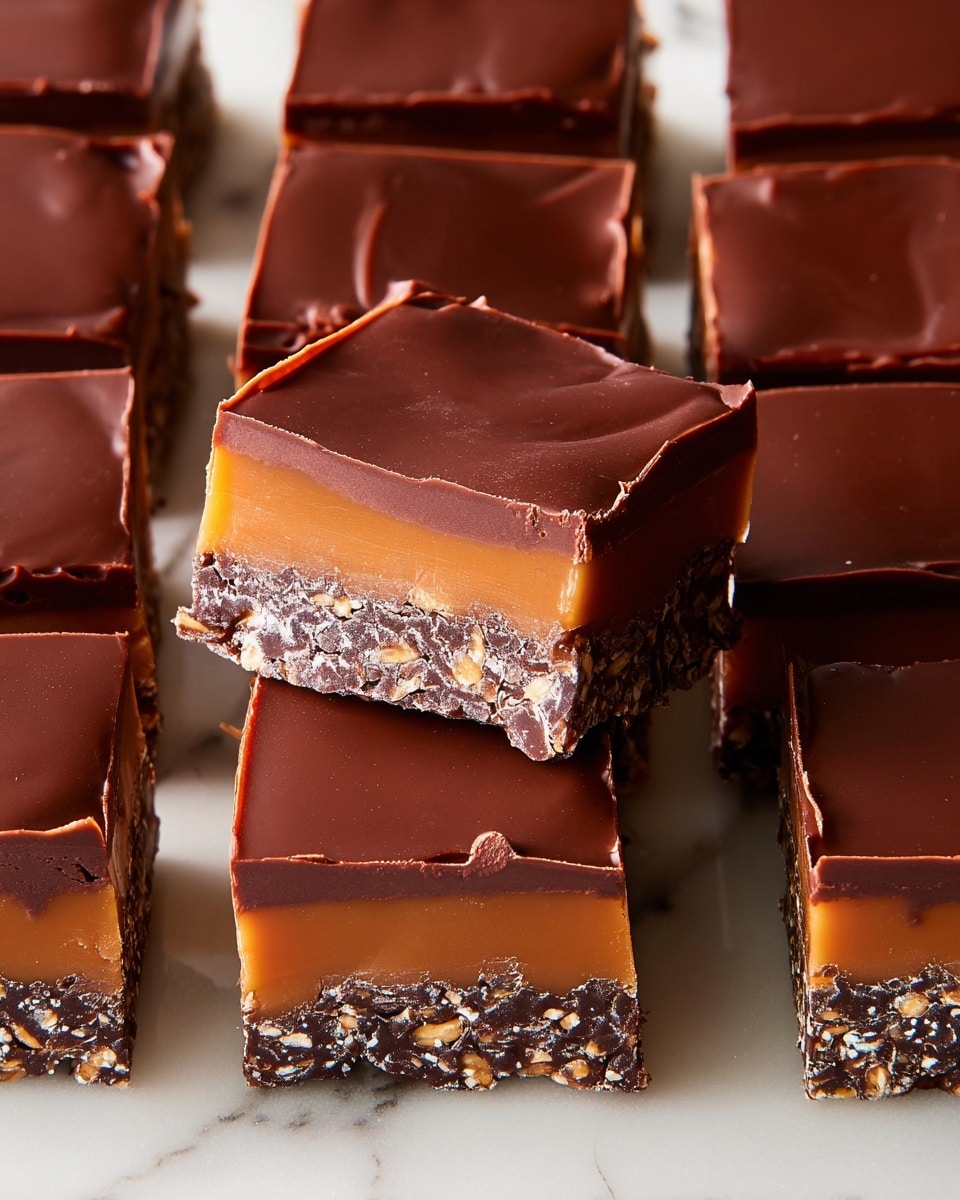 The image shows several square bars arranged neatly with three visible layers. The top layer is a smooth, shiny dark chocolate with a rich brown color. The middle layer is a thick caramel colored in warm light brown, slightly glossy and soft in texture. The bottom layer has a crunchy texture with bits of puffed rice or crisped cereal mixed in dark chocolate, giving it a rough, grainy look. All pieces sit closely together on a white marbled surface. photo taken with an iphone --ar 4:5 --v 7