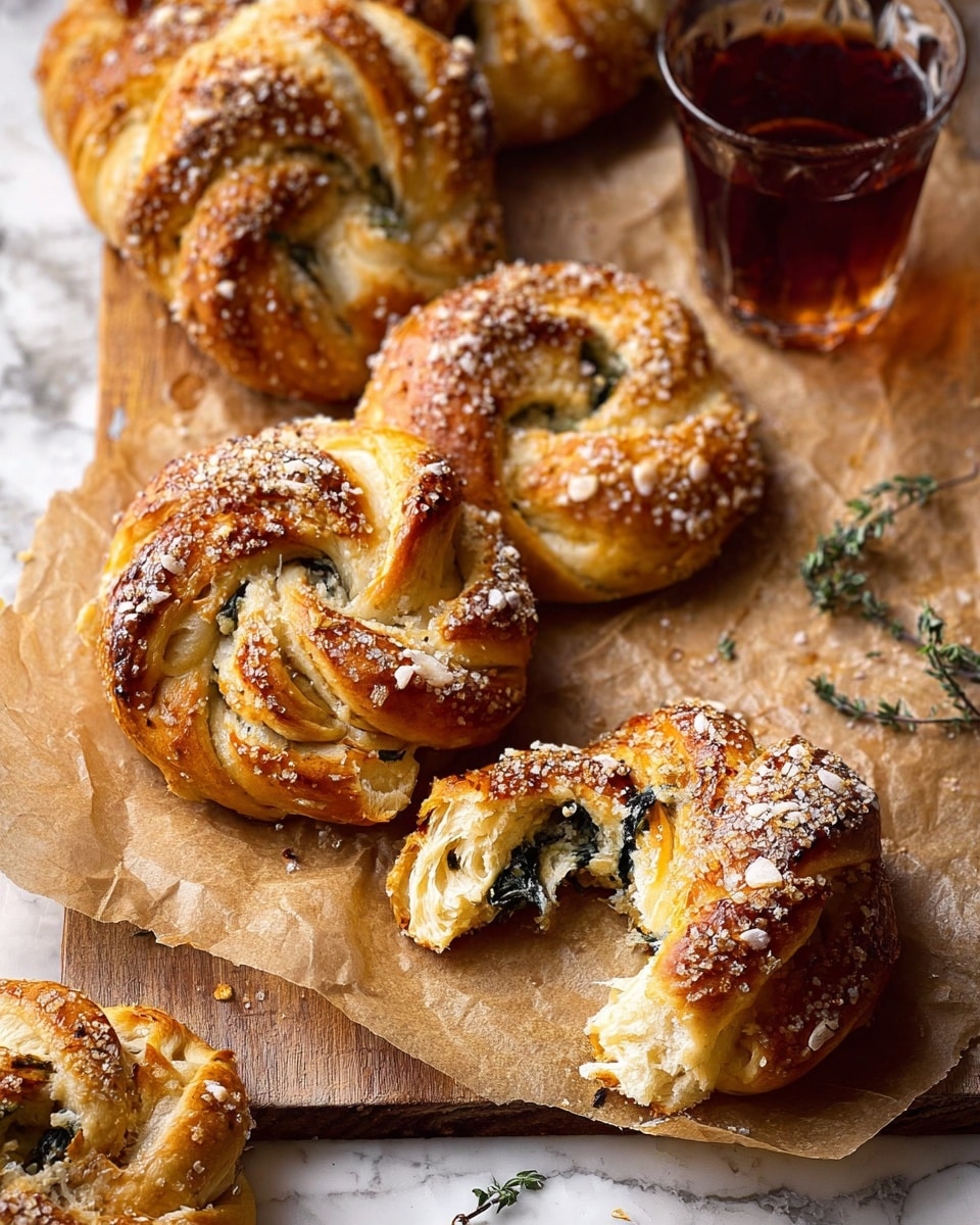 The image shows several golden-brown twisted bread rolls sprinkled with coarse white salt on top, placed on brown parchment paper over a wooden surface with a few small green herb sprigs scattered around. One bread roll is torn open, revealing a soft, fluffy inside with visible dark green leaves mixed in the dough, showing a layered texture of the bread. Next to the bread, there is a clear glass filled with dark amber liquid. The background is changed to white marbled texture. Photo taken with an iphone --ar 4:5 --v 7