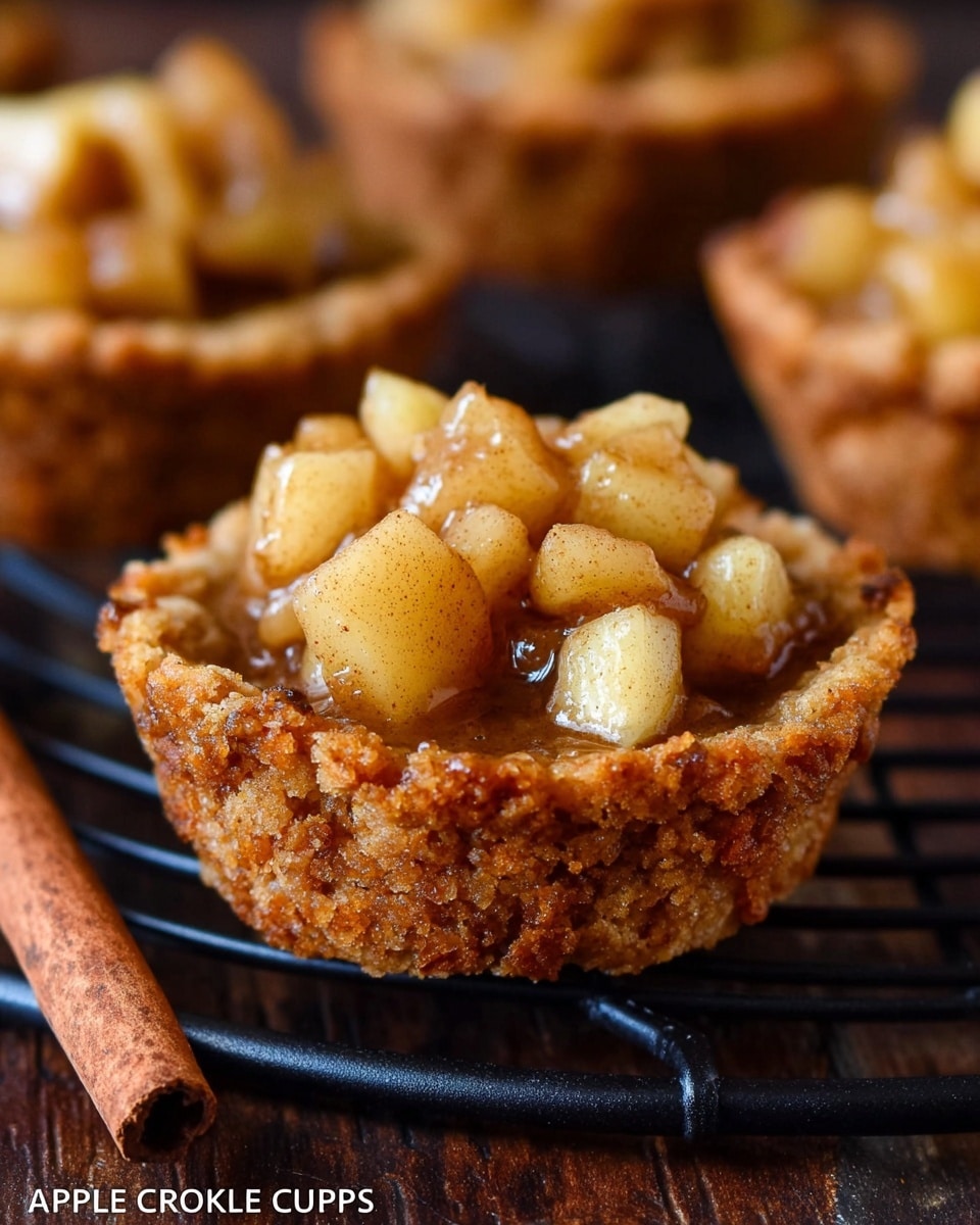 The image shows several small tartlets with two distinct layers. The bottom layer is a golden brown, crumbly crust with a rough texture, shaped into a cup form. The top layer is filled with a glossy, chunky mixture of yellowish apple pieces coated in a light amber sauce. One tartlet in the front has a bite taken out, revealing the thick sauce beneath the apple chunks. The tartlets are placed on a black cooling rack, which sits on a wooden surface with two cinnamon sticks in the foreground. The background features a blurred white marbled texture. Photo taken with an iphone --ar 4:5 --v 7