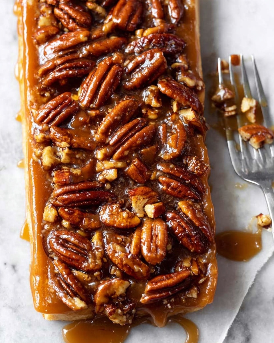 The image shows a rectangular pastry with a golden-brown crust as the base layer, topped with a thick layer of glossy caramel sauce that covers the whole surface. On top, there is a thick scattering of whole and halved pecan nuts that are shiny from the caramel coating, creating a textured and rich finish. The pastry rests on a white marbled surface, and a fork lies nearby with caramel drips around it, suggesting the dessert is ready to be eaten. Photo taken with an iphone --ar 4:5 --v 7
