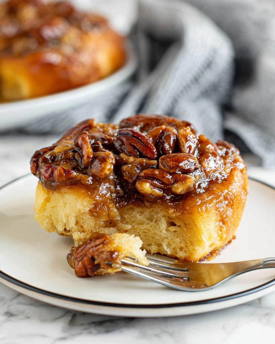 A sticky pecan roll sits on a white plate with a thin black rim, showing four layers: the bottom soft, light yellow dough base with a slightly spongy texture; a glistening caramel-colored sticky glaze spread thickly over the dough; a topping of whole and halved glossy pecans with rich brown tones; and a slight gooey shine covering the entire roll. A small bite is taken from the front, revealing the soft inside dough. A silver fork rests on the plate beside the roll, and the background is a white marbled surface with a blurry gray cloth and a second pecan roll. Photo taken with an iphone --ar 4:5 --v 7