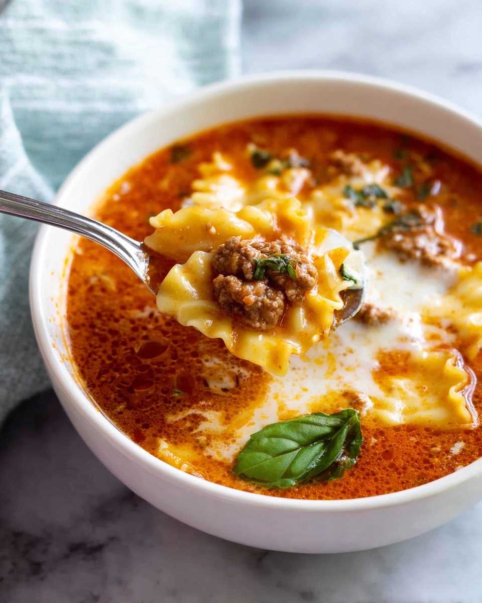 A white bowl filled with lasagna soup showing visible layers of orange-red tomato broth with bits of browned meat and herbs. The soup includes pale yellow wavy pasta pieces and melted white cheese layers blending softly with the broth. A silver spoon lifts a scoop of softened pasta and meat mixture from the bowl, with a green basil leaf garnish floating near the edge. The bowl sits on a white marbled surface with a blurred light blue cloth in the background. Photo taken with an iphone --ar 4:5 --v 7