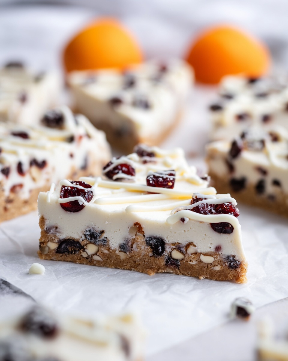 The image shows nine triangular slices of a dessert arranged on white parchment paper over a white marbled surface. Each slice has two main layers: a light brown base layer that looks firm and crumbly, and a thick, smooth white top layer decorated with dark red dried fruit pieces and small orange bits embedded in it. The top is finished with a thin drizzle of white icing in a crisscross pattern. On the bottom left corner, a halved bright orange fruit adds a pop of color, and some dried fruit pieces are scattered around the slices. The overall look is neat, clean, and colorful. photo taken with an iphone --ar 4:5 --v 7
