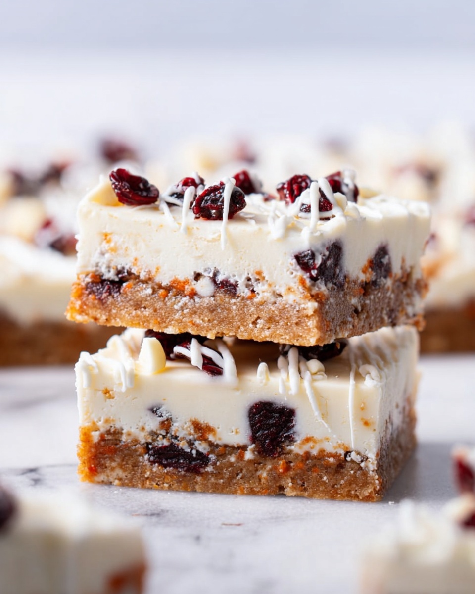 The image shows a stack of two dessert bars on a white marbled surface, each bar made of two visible layers. The bottom layer is light brown with a coarse, crumbly texture, mixed with white chunks and dark red pieces. The top layer is smooth, thick, and white with scattered dark red pieces on top. Some white drizzle decoration is visible on the bar's top layer. The background is bright and blurred, focusing attention on the dessert bars in the center. photo taken with an iphone --ar 4:5 --v 7