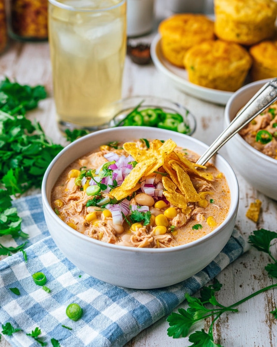 A white bowl filled with thick creamy chili soup that has visible white beans, corn, and shredded meat. On top, there are broken crunchy corn chips, chopped red onions, chopped green onions, and fresh green cilantro leaves as garnish. A silver spoon is placed inside the bowl. The bowl is sitting on a light blue and white checkered cloth on a wooden surface, with fresh parsley sprigs scattered around. Behind the bowl, there is a tall clear glass of light-colored drink, a white bowl with more corn chips, and some golden cornbread muffins on a white plate, all on a white marbled textured background. Photo taken with an iphone --ar 4:5 --v 7