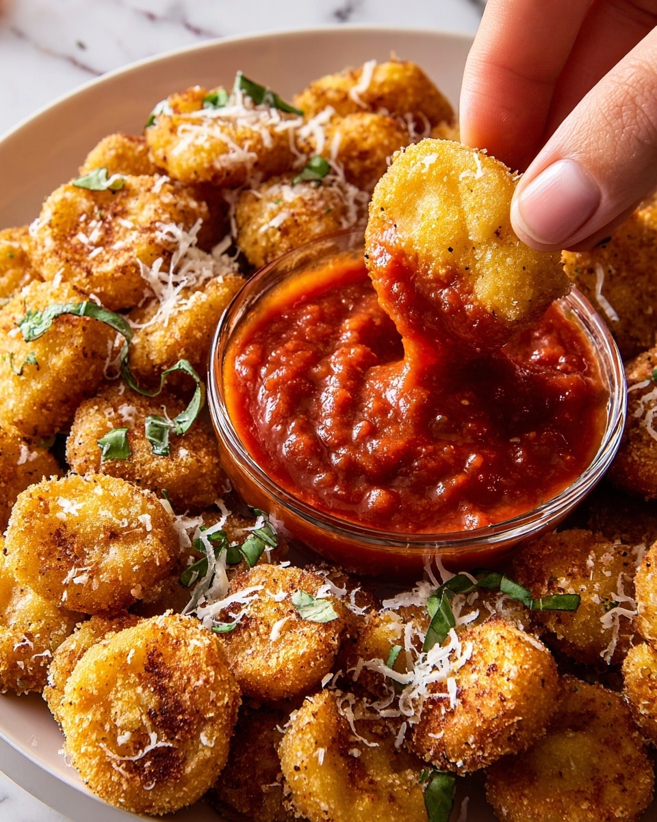 The image shows many small, golden-brown fried round snacks with a crunchy texture, scattered on a white plate. The snacks are sprinkled with white shredded cheese and small pieces of fresh green herbs, adding color. In the middle of the plate, there is a clear glass bowl filled with thick, red tomato sauce. A woman's hand is dipping one snack into the sauce, and the sauce clings to the snack’s rough surface. The background has a white marbled texture. Photo taken with an iphone --ar 4:5 --v 7