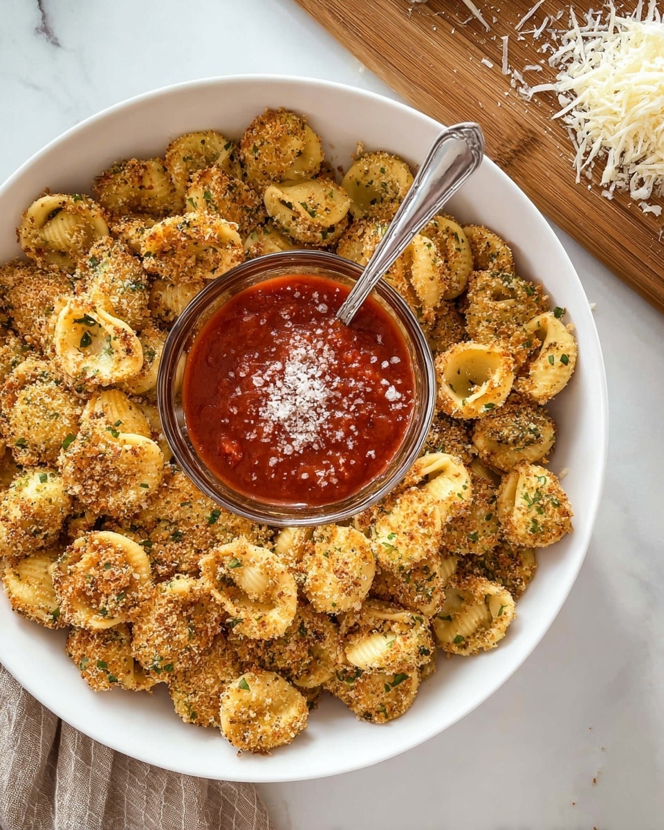 A white bowl is filled with one layer of small, round pasta shells covered in a golden crispy breadcrumb coating with small green herb bits scattered throughout. In the center of the bowl, there is a clear glass bowl filled with thick red marinara sauce topped with grated white cheese. A silver spoon rests inside the sauce bowl. The dish is placed on a white marbled surface with a wooden cutting board with grated white cheese visible in the upper right corner. photo taken with an iphone --ar 4:5 --v 7