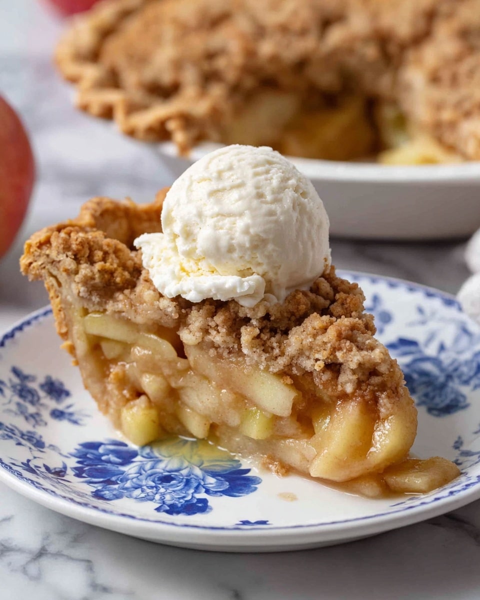 A slice of apple pie with three visible layers is shown on a white plate with blue floral patterns. The bottom layer is a soft golden crust holding thick, light yellow apple slices mixed with a shiny syrup. The middle layer is the filling, soft apple slices with a light sauce. The top layer is a crumbly, brown streusel topping that covers most of the slice. On top of the pie slice is a scoop of white vanilla ice cream slightly melting over the crumble. The pie dish in the background is blurry and shows the remaining pie with a similar crumb topping, all on a white marbled surface. Photo taken with an iphone --ar 4:5 --v 7