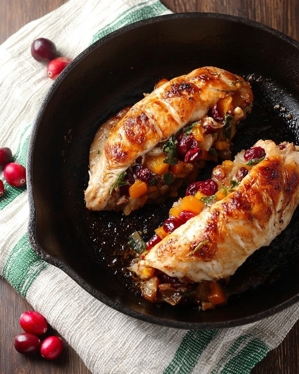 The image shows three pieces of stuffed chicken on a wooden cutting board, each piece cut to reveal a colorful filling inside. The chicken has a light golden-brown, slightly grilled texture on the outside. Inside, the filling has three clear layers: bright orange chunks that look like cooked squash or sweet potato at the bottom, a mix of dark green leafy bits in the middle, and small reddish-pink pieces scattered throughout. A small piece of the filling has fallen on the board near the chicken. The focus is on the juicy filling and the tender white chicken meat surrounding it. The background is softly blurred, highlighting the dish in the front. Photo taken with an iphone --ar 4:5 --v 7