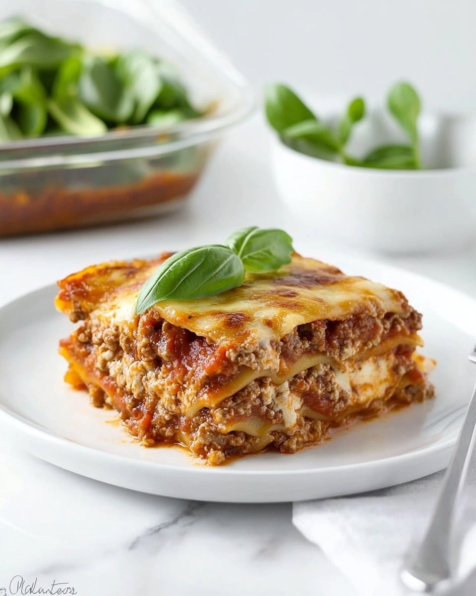 A square piece of lasagna is placed on a white plate with a white marbled surface underneath. The lasagna has multiple layers: the bottom layer is a rich red meat sauce with small chunks of ground meat, followed by a creamy yellow cheese layer, then a pasta sheet, another thick layer of meat sauce, melted cheese on top with a slightly browned texture, and a fresh green basil leaf garnish on the very top. In the background, a glass container holds more lasagna, and a white bowl with fresh green salad is slightly blurred. A silver fork rests on a white cloth napkin beside the plate photo taken with an iphone --ar 4:5 --v 6.1