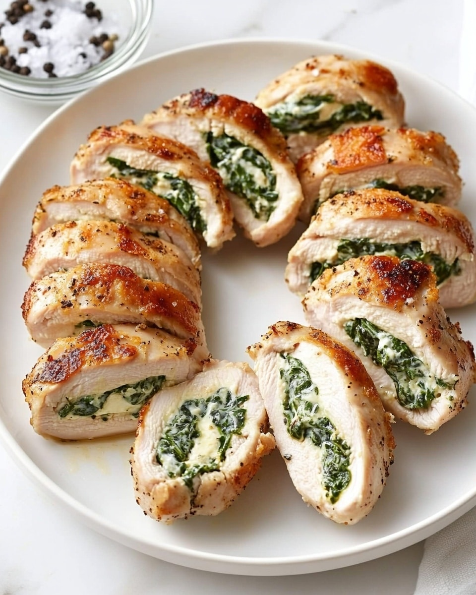 The image shows a white plate with several slices of stuffed chicken arranged in a circular pattern. Each chicken piece is golden brown on the outside, and the inside reveals a green and white creamy filling made from spinach and cheese. The texture of the chicken is smooth and slightly seared, while the filling looks soft and moist. In the center of the plate, there is a small clear glass bowl filled with a light sauce topped with black pepper. The plate is placed on a cloth with a white marbled texture background. photo taken with an iphone --ar 4:5 --v 6.1
