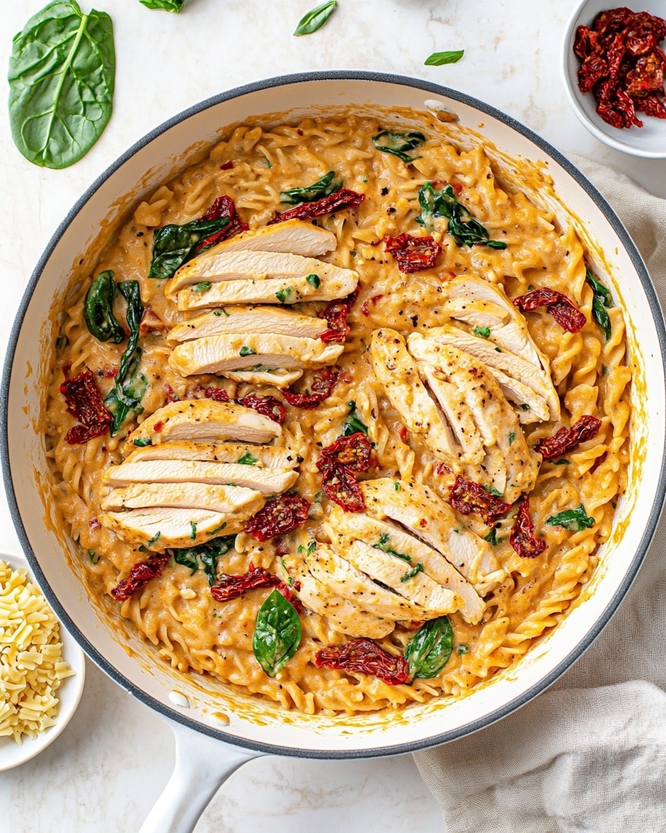 A white pan filled with a creamy pasta dish, showing four slices of light brown cooked chicken arranged on top in a circular pattern. The sauce is thick and orange, mixed evenly with small pieces of red sun-dried tomatoes and green spinach leaves scattered through the pasta. The pasta is small and rice-shaped, coated well with the creamy sauce. The dish is garnished with small bright green basil leaves on top. The pan sits on a neutral-colored cloth on a white marbled surface, with a small white bowl of dark red sun-dried tomatoes and another white bowl containing uncooked small pasta grains nearby. photo taken with an iphone --ar 4:5 --v 6.1