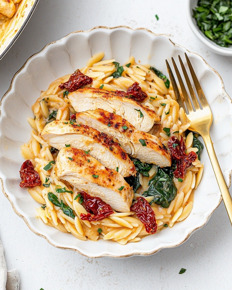 A white scalloped bowl holds a creamy pasta dish with orzo pasta mixed with wilted dark green spinach and pieces of red sun-dried tomatoes, all coated in a light orange creamy sauce. On top, there are several slices of cooked light tan chicken sprinkled with chopped green herbs. A gold fork rests on the right side of the bowl. The bowl sits on a white marbled surface with a small white bowl of sun-dried tomatoes in oil nearby, and part of a white pan with more pasta is visible at the bottom left. Photo taken with an iphone --ar 4:5 --v 6.1