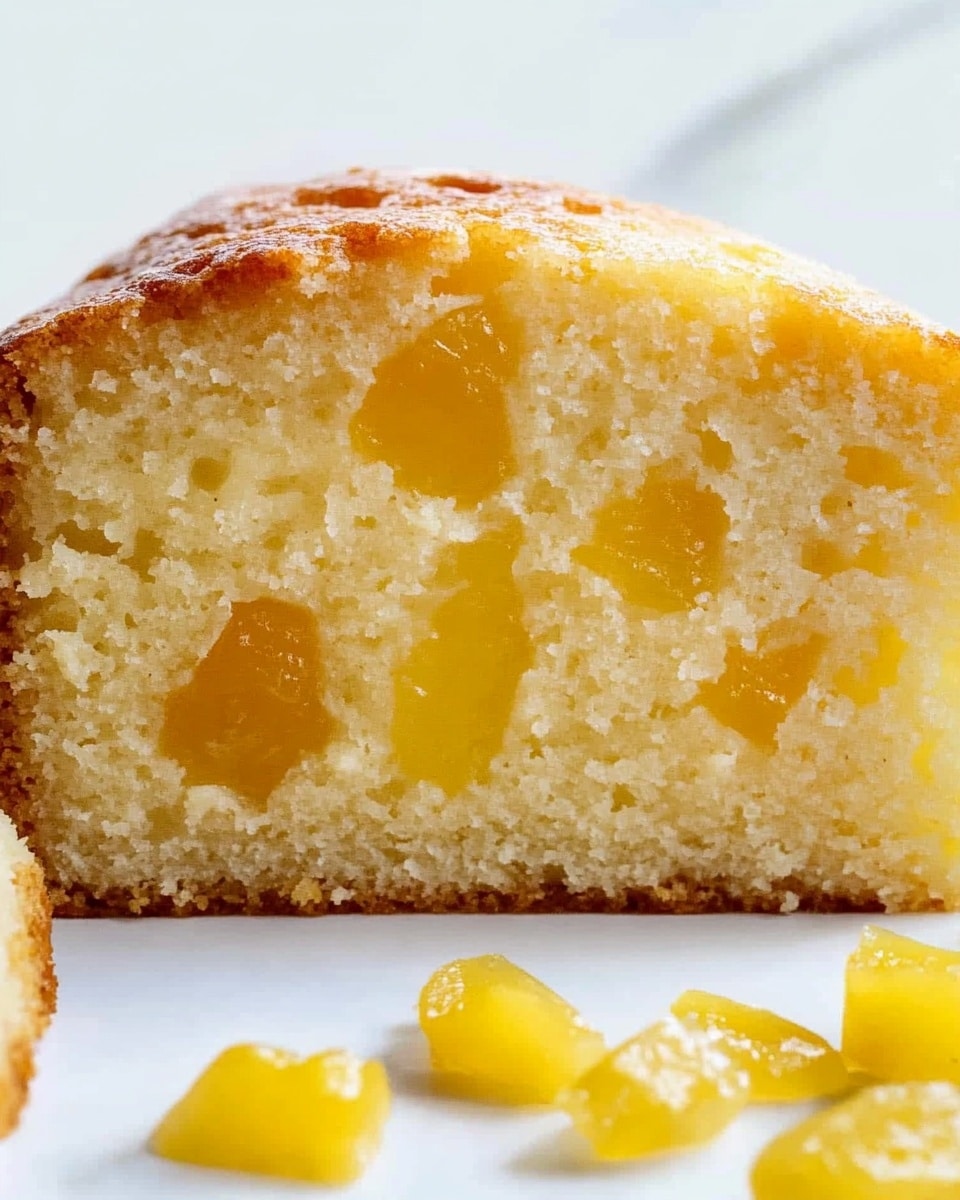 The image shows a close-up slice of yellow cake with small chunks of yellow fruit embedded evenly throughout the soft and spongy texture. The top crust is slightly browned and smooth, with a light sheen. The background has a clean, white marbled texture, and the cake appears fresh and moist with airy holes inside. Pieces of the yellow fruit are also scattered near the cake slice on the white surface. Photo taken with an iphone --ar 4:5 --v 6.1
