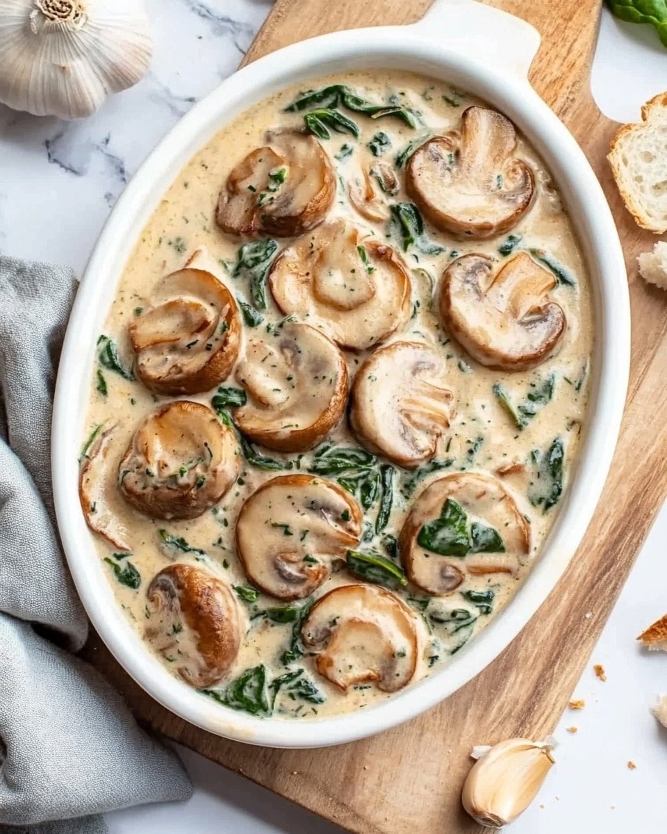 A white oval dish filled with about ten whole cooked mushrooms sitting in a creamy light beige sauce mixed with dark green spinach leaves and small reddish bits, placed on a wooden board over a white marbled surface. The mushrooms are plump with a slightly browned top, and the sauce looks smooth and thick, coating the mushrooms and greens well. In the foreground, a fork holds a close-up of one sliced mushroom topped with some sauce, spinach, and small bits, showing a soft texture. In the background, slices of light golden toasted bread rest on a woman's hand near a bowl with more slices and a small dish of finely grated pale cheese. Photo taken with an iphone --ar 4:5 --v 6.1