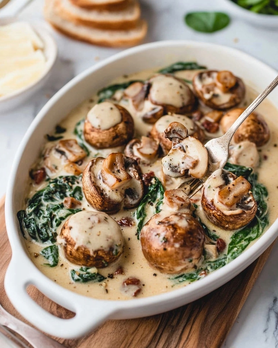 The image shows an oval white bowl filled with cooked round mushrooms in a creamy sauce with visible green spinach leaves mixed throughout. The mushrooms are light brown with a smooth texture, sitting on top of the sauce, which is pale beige with specks of herbs. The bowl is placed on a wooden board which rests on a white marbled surface. Around the bowl, there are small pieces of white bread, a whole garlic bulb, and a small beige cup. A gray cloth is partially visible at the bottom left corner. Photo taken with an iphone --ar 4:5 --v 6.1