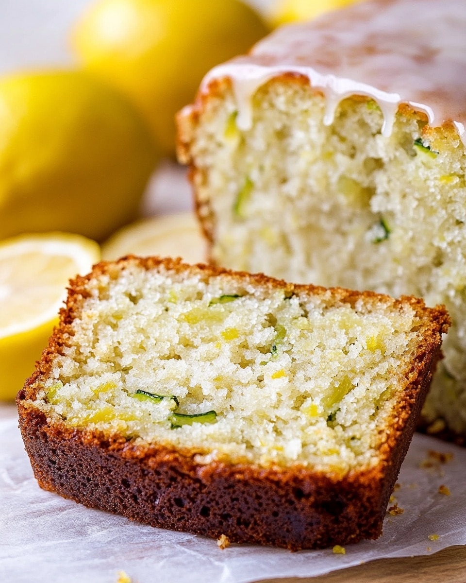 The image shows a close-up of a loaf of zucchini lemon bread with two slices cut and placed in front. The bread has a golden-brown crust with a shiny white glaze dripping slightly over the edges. Inside, the texture is soft and moist with small green flecks of zucchini and hints of lemon zest. The background features a soft white marbled texture with blurred whole lemons and a cut zucchini piece behind the bread. The bread sits on a piece of parchment paper on a wooden surface. photo taken with an iphone --ar 4:5 --v 6.1