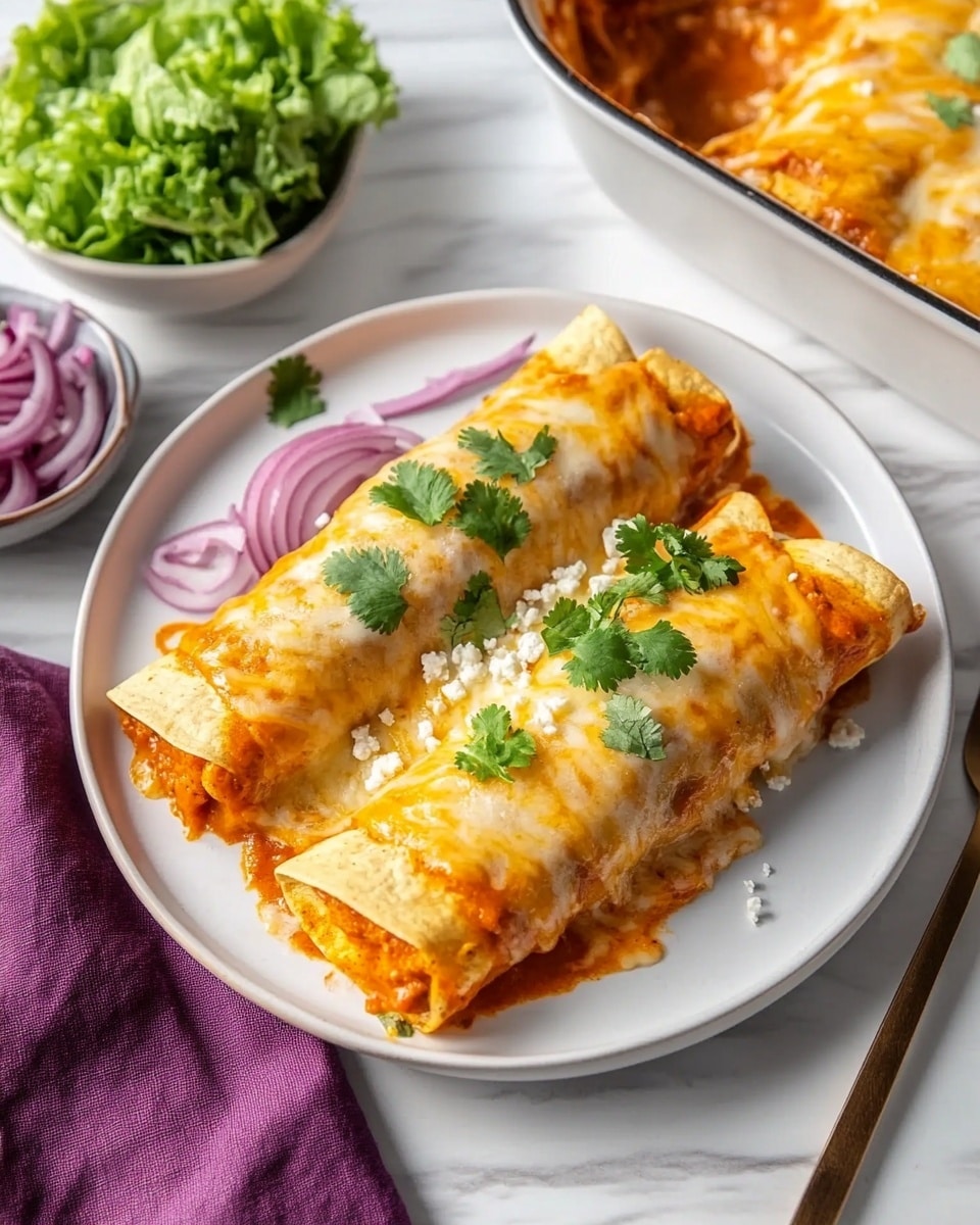 The image shows a white plate on a white marbled surface, with two rolled enchiladas covered in melted golden cheese and sauce. The enchiladas are positioned side by side, topped with small green cilantro leaves and thin slices of purple-red onion scattered on top. To the left of the plate, there is a stack of fresh green lettuce leaves on a purple napkin, a small bowl filled with sliced purple-red onions, and another small bowl with white cheese crumbles. In the top right corner, a white baking dish with more enchiladas covered in golden melted cheese and sauce is partially visible. A woman's hand is holding a fork beside the plate. photo taken with an iphone --ar 4:5 --v 6.1