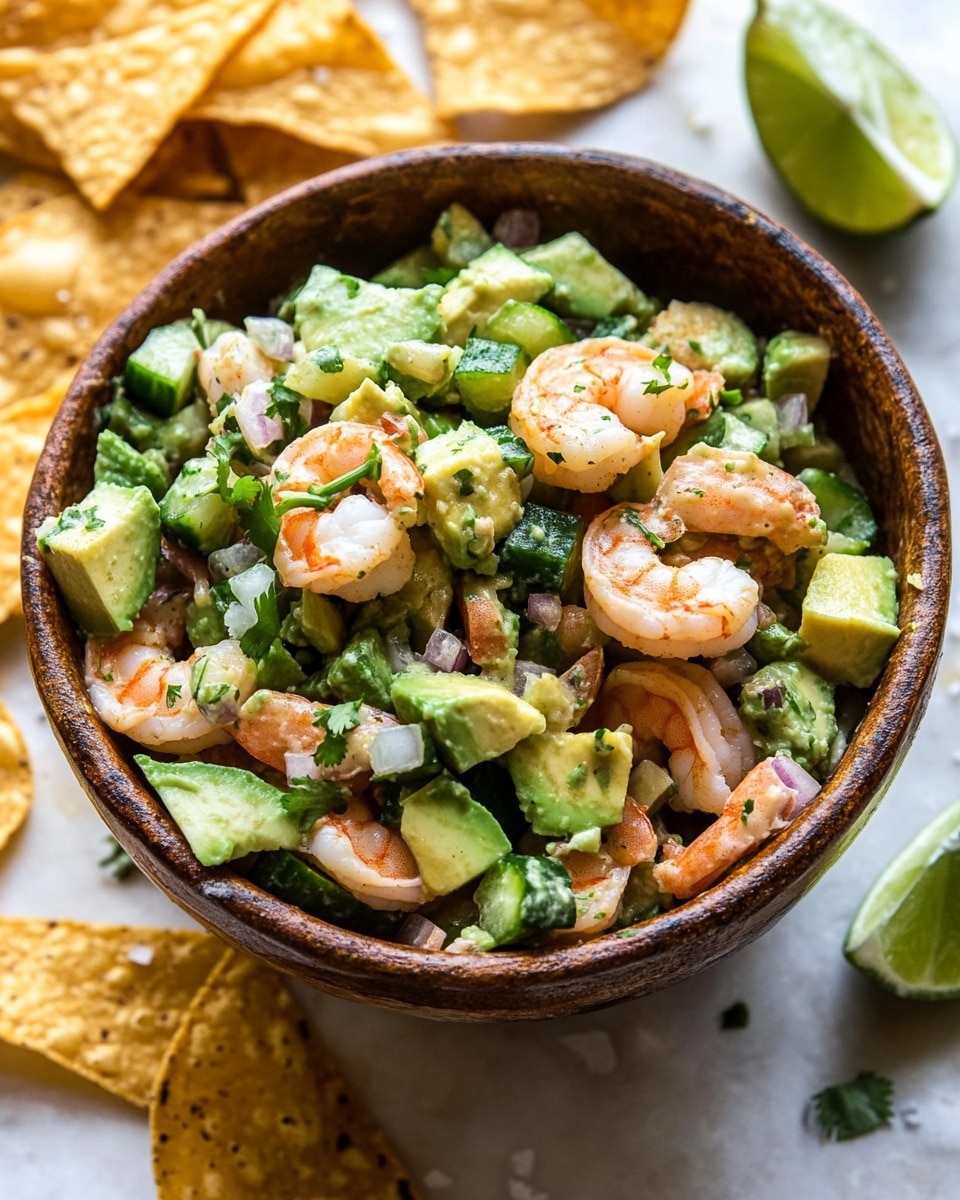 A rustic ceramic bowl filled with a chunky shrimp and avocado salad sits in the center, showing layers of pale pink shrimp pieces mixed with light green avocado cubes, sliced cucumbers, green herbs, and thin slices of bright green chili peppers. The salad looks creamy and fresh with various green and pink colors blending together. Around the bowl on the white marbled surface, there are golden-brown crispy tortilla chips sprinkled with coarse salt, some leaning against the bowl’s edge. In the upper right, two lime wedges with bright green skin and juicy interiors rest on the surface. Photo taken with an iphone --ar 4:5 --v 6.1