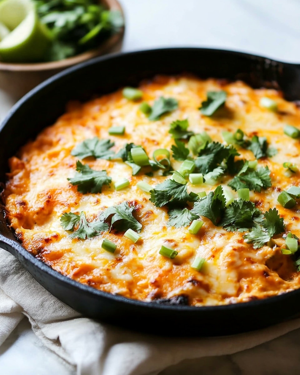 A black skillet filled with a cheesy dish with melted orange and white cheese layers, topped with bright green chopped scallions and fresh cilantro leaves scattered evenly on top, creating a colorful contrast. The cheese surface is slightly bubbly and uneven, showing textures of melted and browned spots. Behind the skillet is a wooden bowl with fresh green leaves and lime wedges, placed on a white marbled surface with a light cloth underneath. photo taken with an iphone --ar 4:5 --v 6.1