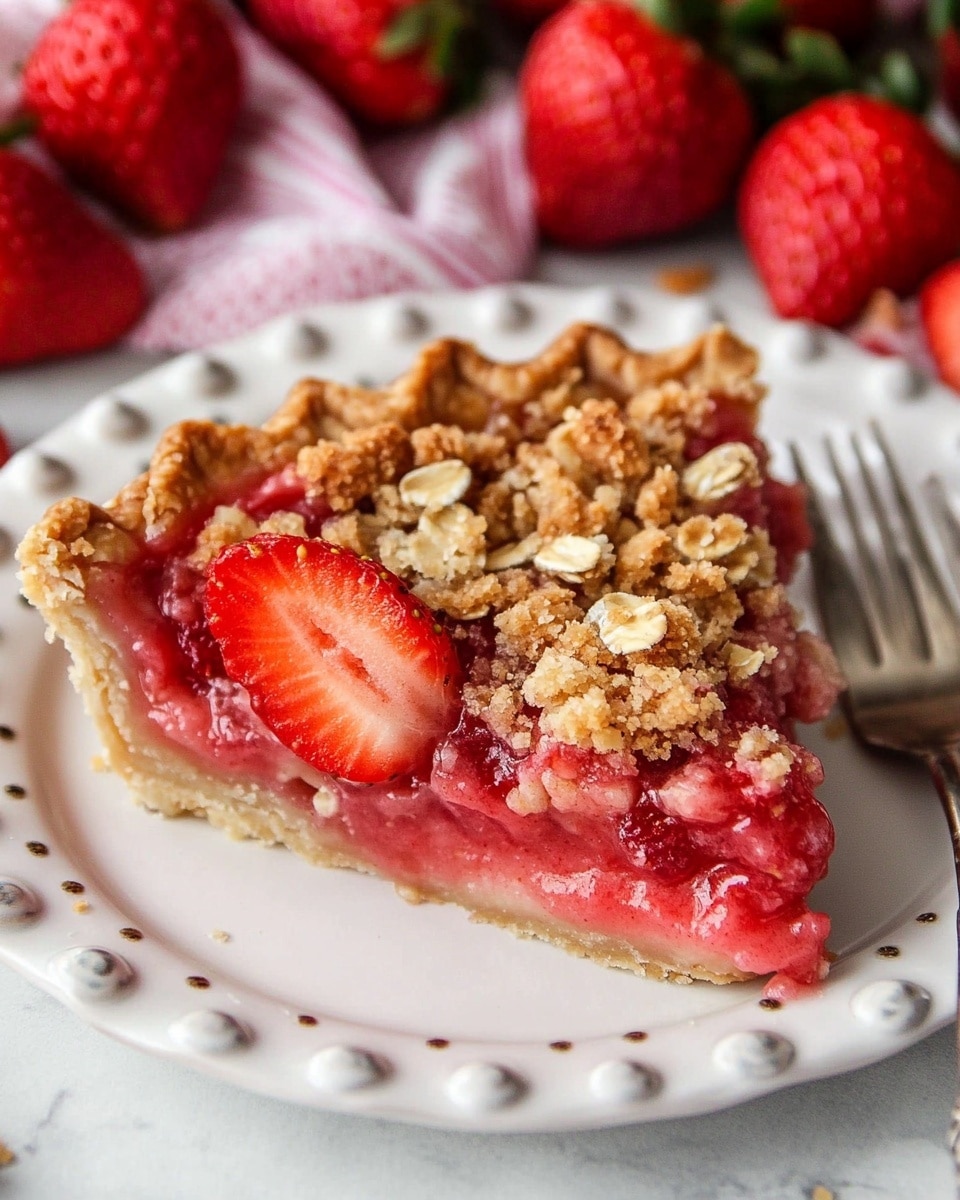 A round pie with a golden, crumbly oat topping covers a layer of red fruit filling inside a light brown crust. The pie sits on a white plate on a white marbled surface. Near the pie, there is a silver serving spatula with a detailed handle and cutout stars on the blade. In the background, a white bowl holds bright red strawberries with green tops. Two white teacups with floral patterns hold light amber tea, and a white plate with lemon wedges is also visible. Small whole strawberries and part of a floral napkin under the pie add color. photo taken with an iphone --ar 4:5 --v 6.1