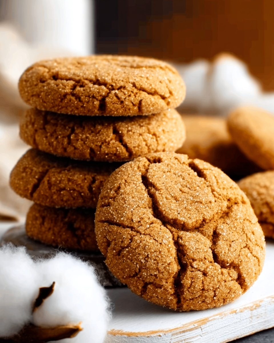 The image shows several round cookies with a cracked texture on top. The cookies are a warm golden brown color, stacked on a white wooden board that sits on a white marbled surface. In the foreground, there is a close-up of one cookie leaning against the stack, showing its rough texture and slightly uneven shape. Soft, white cotton balls are placed near the cookies, adding a cozy touch. The background is softly blurred with warm tones. photo taken with an iphone --ar 4:5 --v 7