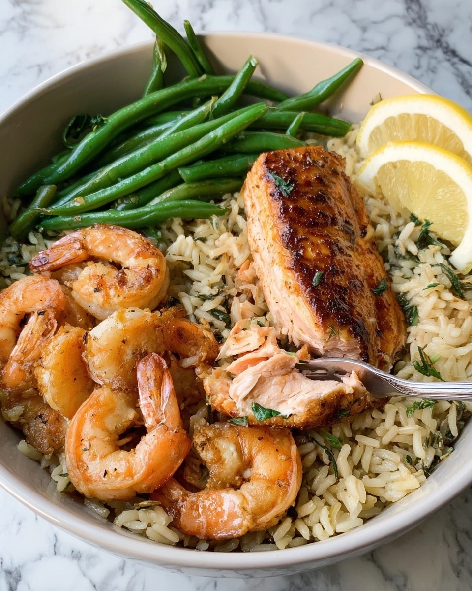 A white bowl filled with layers of food placed on a white marbled surface. The bottom layer has light brown rice mixed with small green herbs. On top of the rice, there is a piece of grilled salmon with a browned, slightly crispy skin. Around the salmon, there are several orange shrimp with a shiny, cooked look. On one side of the bowl, bright green, cooked green beans are neatly stacked. A thin slice of lemon is placed near the green beans, and a fork is resting with its prongs partially stuck into the salmon. The colors are warm and fresh, showing a well-balanced meal photo taken with an iphone --ar 4:5 --v 7