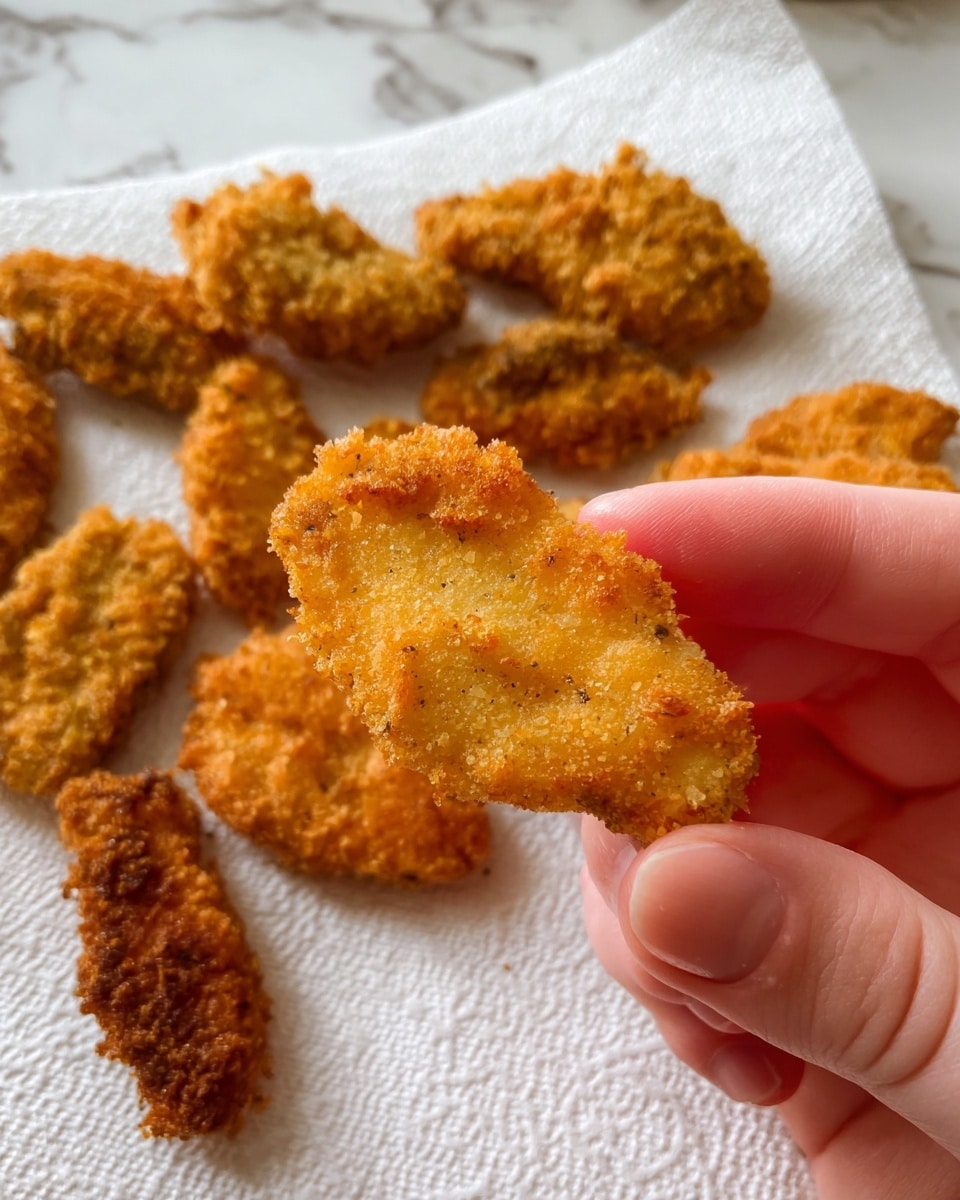 The image shows a close-up of a woman's hand holding a single piece of golden fried food that is irregularly shaped with a crispy and crunchy texture, with small bits of breading visible. In the background, more pieces of the same fried food with a darker, uneven coating are spread out on a white paper towel that rests on a white marbled surface. The overall scene highlights the contrast between the lighter and darker breaded pieces with a focus on the held piece. Photo taken with an iphone --ar 4:5 --v 7