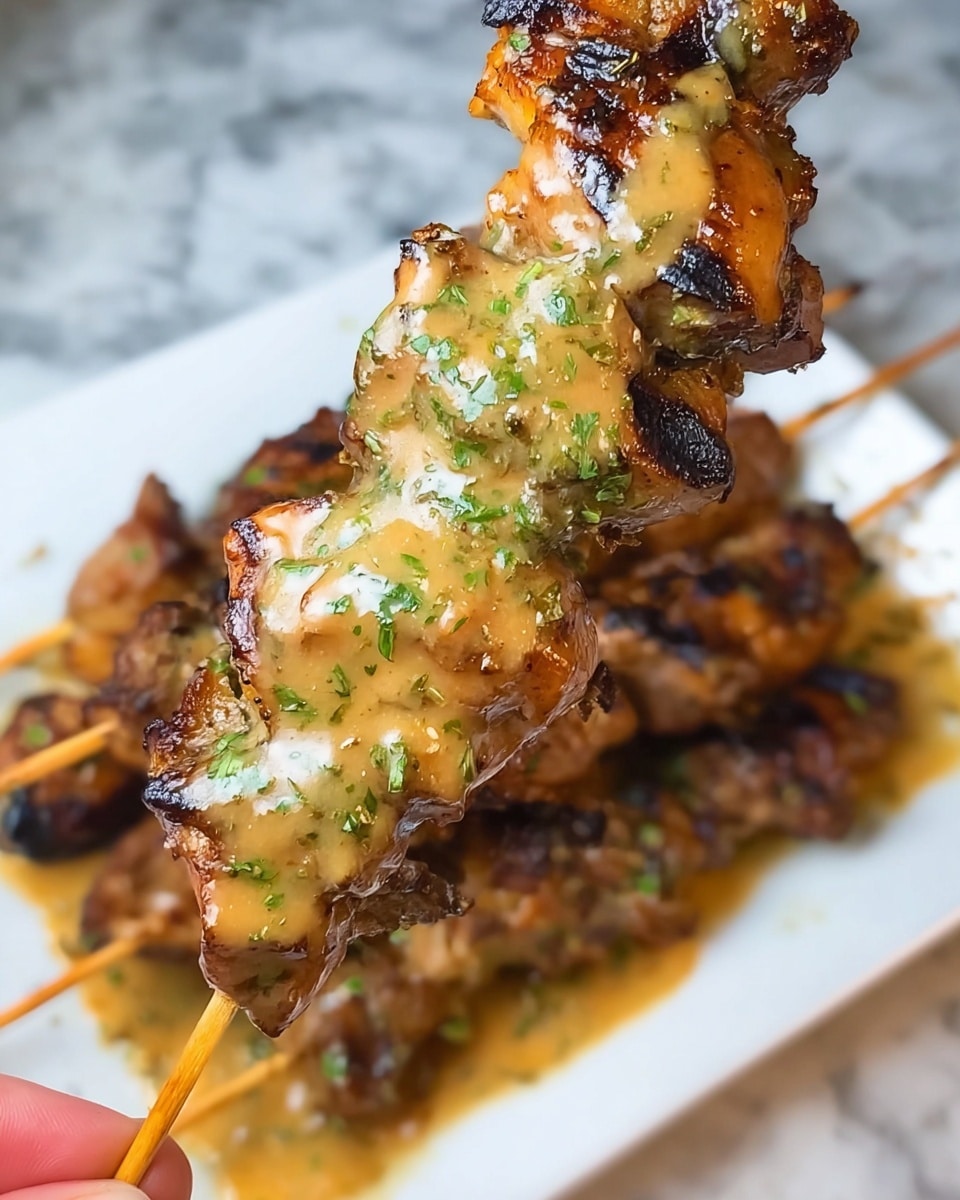 A close-up view shows a skewer held by a woman's hand, filled with grilled pieces of meat covered in a shiny, creamy sauce with green herbs. The meat appears slightly charred with a light brown texture under the sauce. The skewer is held above a white square plate that holds more skewers with similar grilled meat. The background is a white marbled surface. The sauce on the meat gives a smooth and glossy texture, with small flecks of herbs visible throughout. The photo taken with an iphone --ar 4:5 --v 7