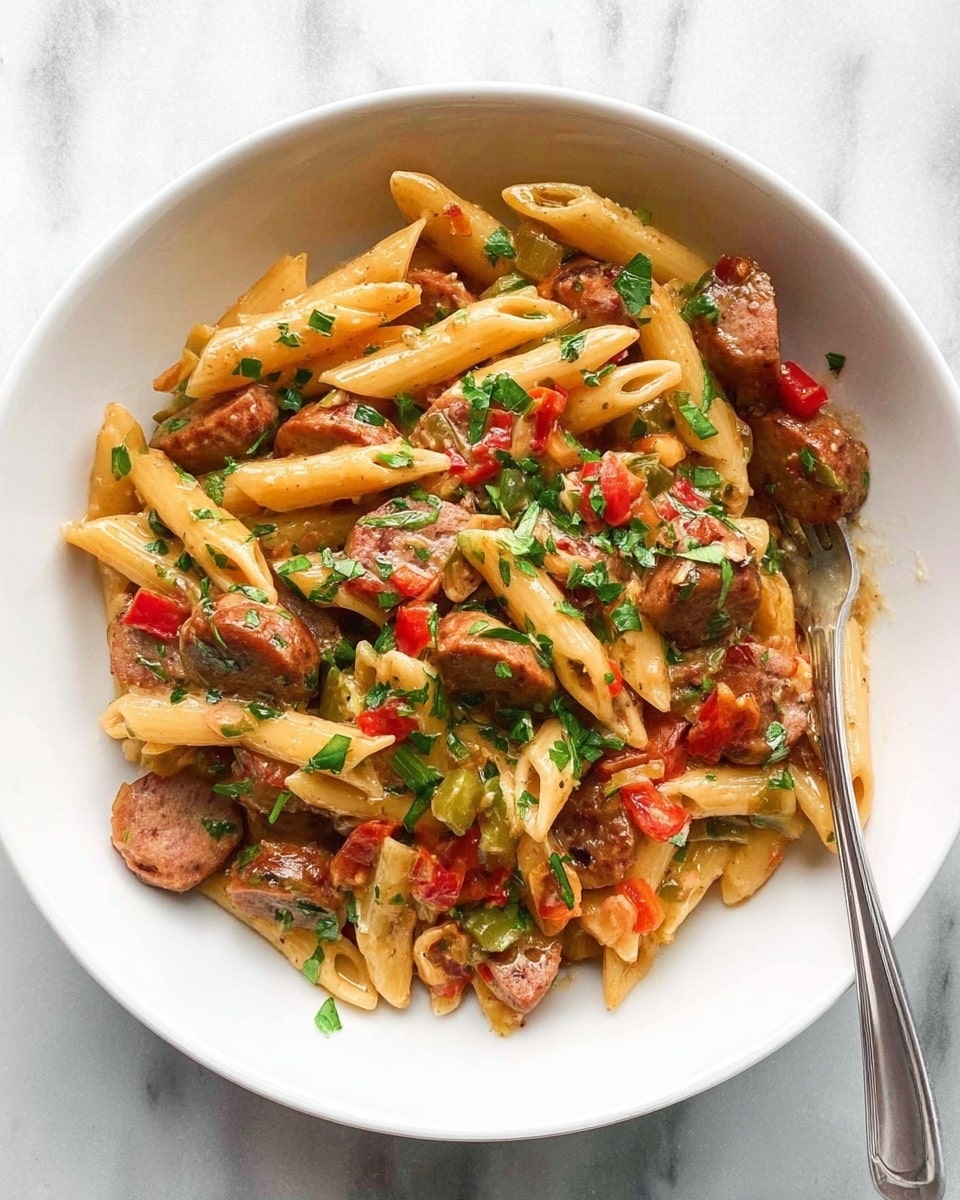 A stainless steel pan filled with one layer of cooked penne pasta mixed with small pieces of brown sausage and diced red tomatoes. The pasta is light yellow and the sauce looks slightly glossy. There are specks of chopped green herbs scattered evenly throughout. A wooden spoon with a natural wood color is resting in the pan on the right side, partially stirring the pasta. The pan is set on a white marbled surface with a black and white striped cloth partially under the pan on the left side. Photo taken with an iphone --ar 4:5 --v 7
