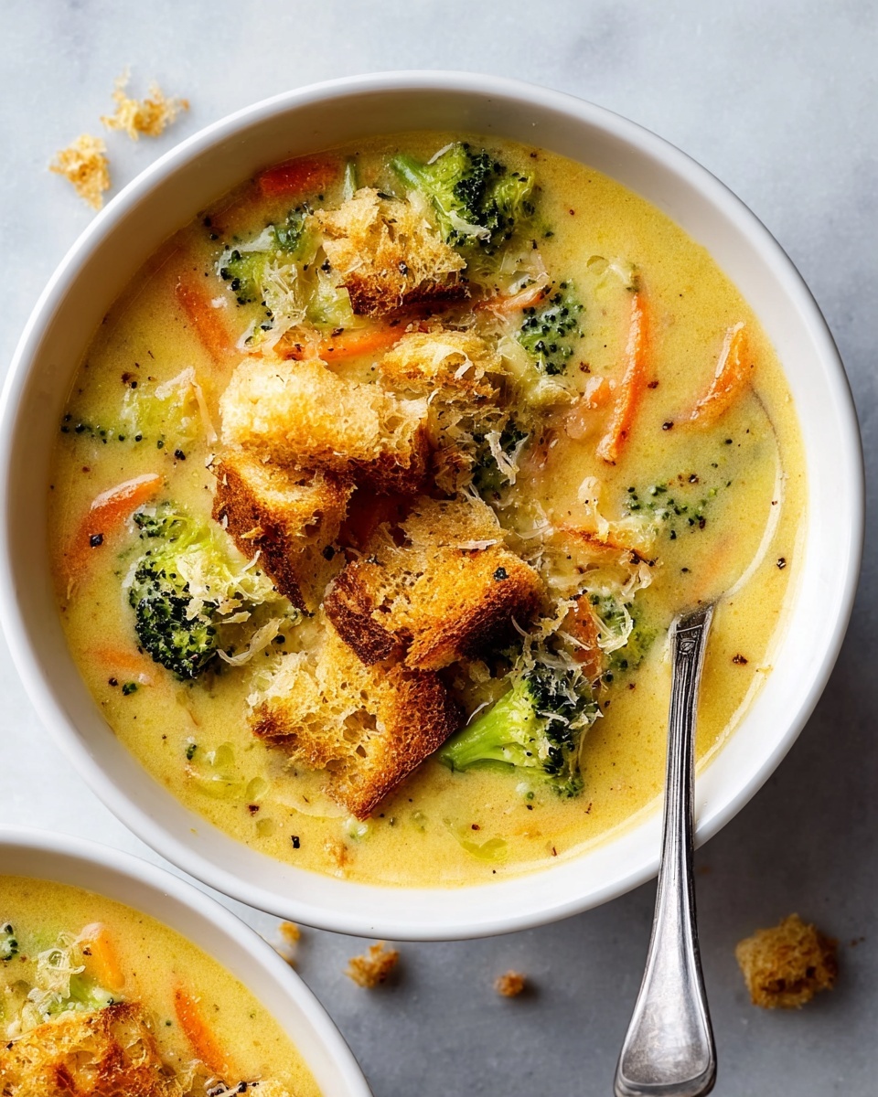 The image shows a white bowl filled with creamy yellow soup that has visible pieces of bright green broccoli and thin orange carrot strips. On top of the soup, there is a layer of golden, crispy broken bread pieces. A silver spoon rests inside the bowl, partially submerged in the soup. The bowl is placed on a white marbled surface with some crumbs scattered around. Photo taken with an iphone --ar 4:5 --v 7