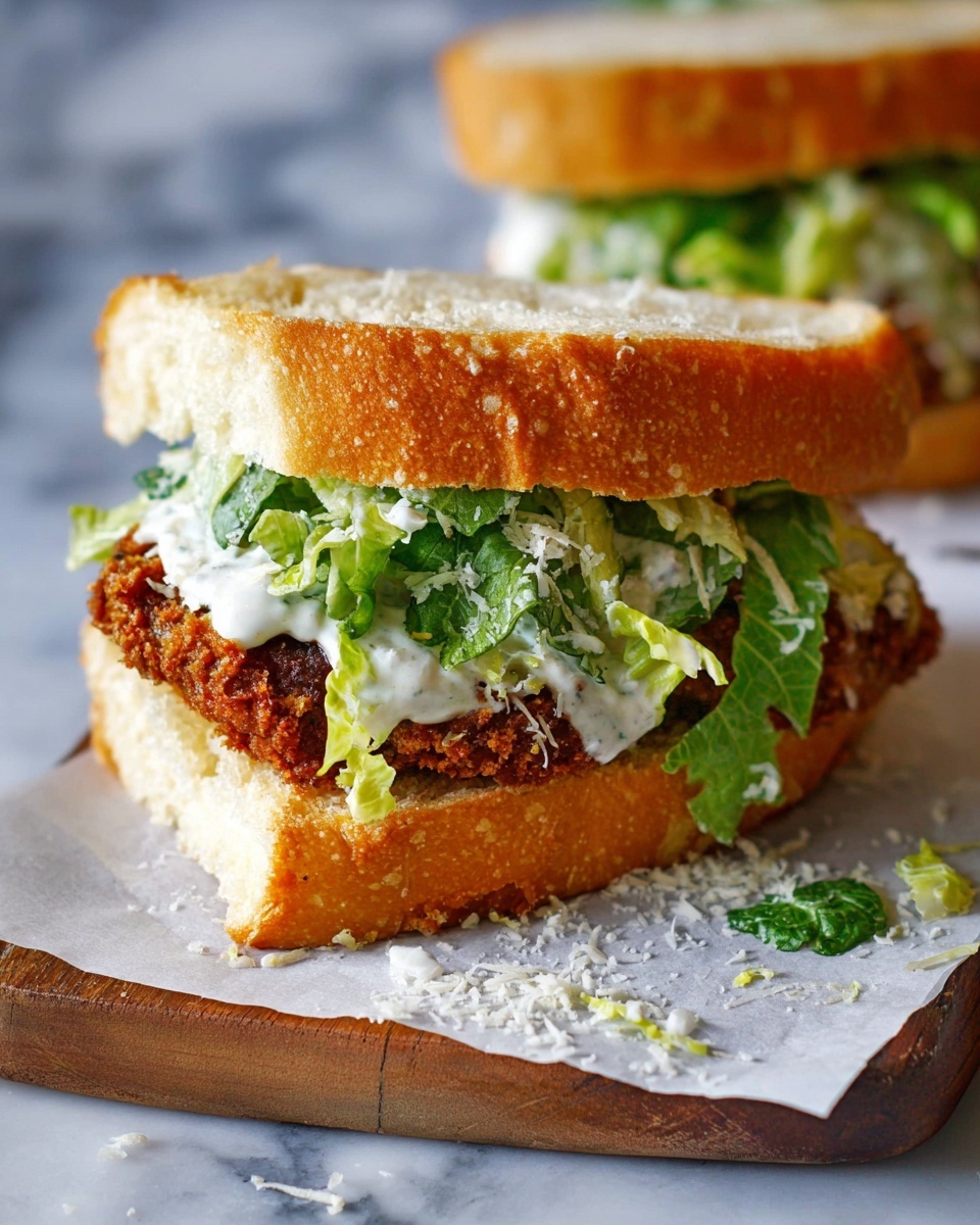 A sandwich with two pieces of crispy golden brown bread on top and bottom, showing a rough crunchy texture. Between the bread, there is a thick dark brown fried cut of meat or veggie patty, topped by fresh green leafy lettuce mixed with creamy white sauce and sprinkled with white grated cheese. Some lettuce and grated cheese pieces fall around the sandwich on white parchment placed on a wooden board, all set against a white marbled surface. Photo taken with an iphone --ar 4:5 --v 7