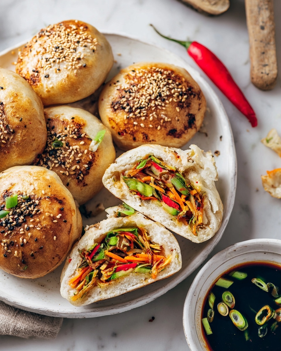 A white plate holds six round stuffed breads with golden-brown tops sprinkled with sesame seeds, showing a mix of toasted and soft textures. Two breads are cut open, revealing layered fillings of shredded orange carrot, green scallions, red bell pepper, and other vegetables, contrasting brightly against the soft white dough. A red chili pepper lies on the plate near the breads. Next to the plate, a small white bowl contains a dark soy-based dipping sauce with green onion slices floating on top, all set on a white marbled surface. Photo taken with an iphone --ar 4:5 --v 7