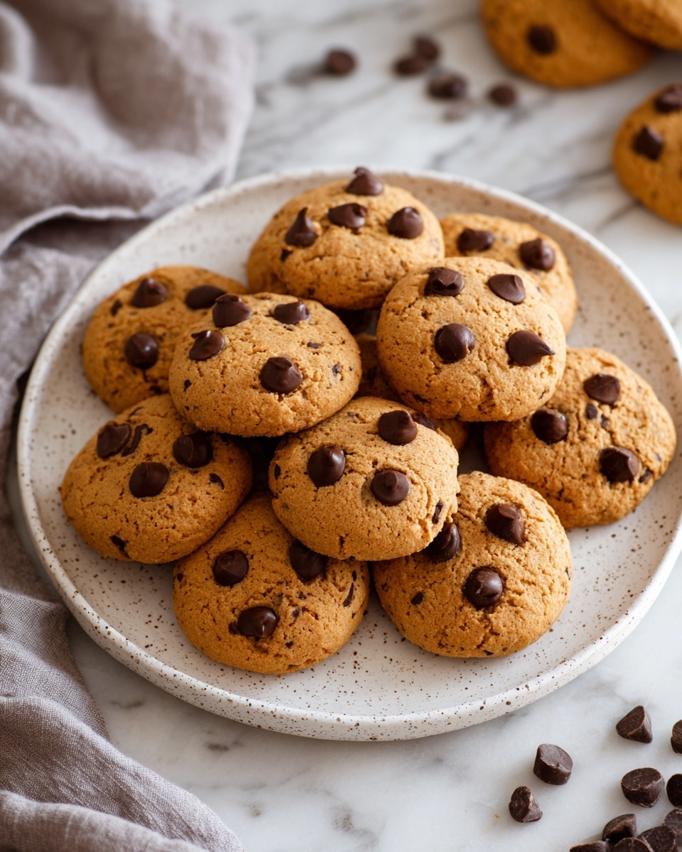 A top view of multiple round cookies with a golden brown color and dark brown chocolate chips scattered on and inside them. One cookie near the top right is broken in half, showing a soft, slightly darker inside with melted chocolate chips. The cookies have a smooth and slightly textured surface, spread out over a white marbled textured background with tiny dark speckles. photo taken with an iphone --ar 4:5 --v 7