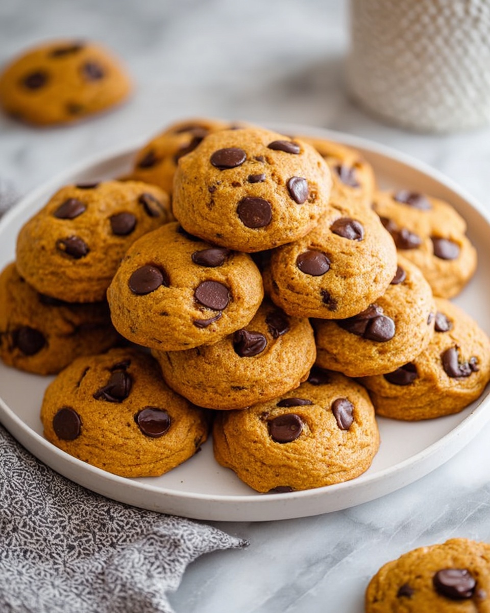 A white speckled round plate is full of round, golden-brown cookies stacked in two layers, each cookie topped with several shiny dark chocolate chips scattered unevenly. The plate rests on a white marbled surface with a soft grey cloth partially tucked under it on the left side. There are extra chocolate chips scattered near the bottom right corner, and chunkier cookies can be seen in the background. photo taken with an iphone --ar 4:5 --v 7