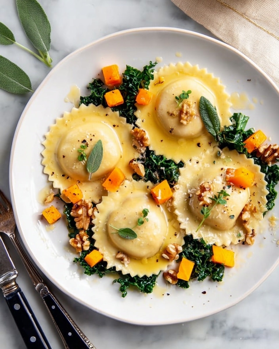 A white round plate holds four large round ravioli with scalloped edges, each a soft pale yellow color. The ravioli are spread evenly across the plate with some fresh dark green kale leaves tucked between them. On top and around the ravioli, there are small bright orange cubes of roasted butternut squash, along with a few whole walnut pieces adding light brown rough texture. Small fresh sage leaves and tiny green herb sprigs are placed on the ravioli and scattered around the plate, all sitting on a light drizzle of butter sauce that gives a slight shine. The plate is set on a white marbled surface with silver and black-handled cutlery visible near the edge. photo taken with an iphone --ar 4:5 --v 7