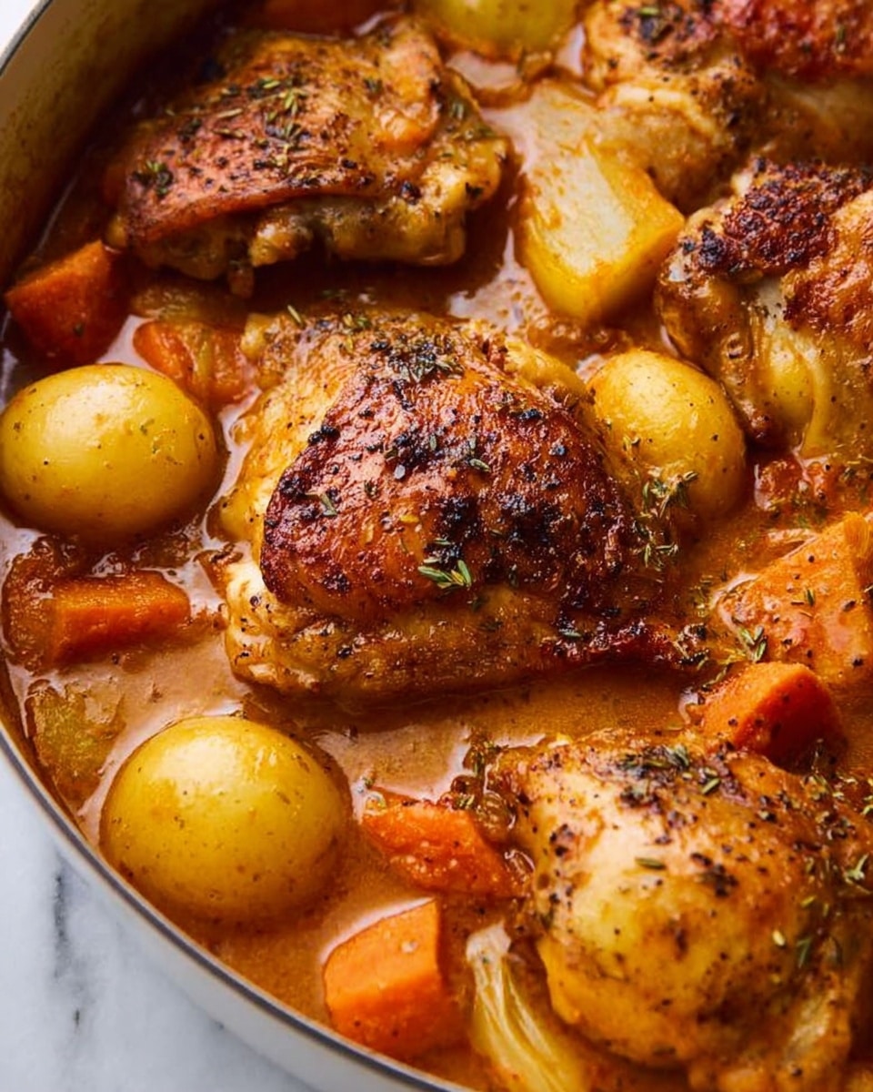 This image shows a close-up of golden brown chicken pieces cooked in a thick, rich orange-brown sauce. The chicken skin looks crispy with visible black pepper and herb bits on top. Around the chicken, there are chunks of soft-looking orange carrots and light yellow small potatoes. The dish is inside a pot or pan but only the food and sauce are clearly seen on a white marbled surface. The sauce appears smooth and glossy, surrounding the tender chicken and vegetables evenly. photo taken with an iphone --ar 4:5 --v 7