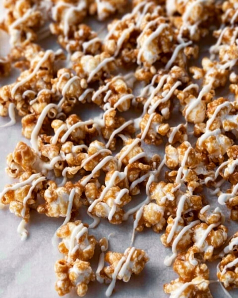 A close-up view of popcorn spread out evenly in one layer on a flat surface with a white marbled texture background. The popcorn is coated with a light brown powder that looks like cinnamon and has a glaze of white icing drizzled unevenly across it, creating a mix of smooth, shiny textures and slightly rough, powdery spots. The popcorn pieces are fluffy with some more rounded and others irregular in shape, and the white icing adds contrast with its shiny, creamy look. Photo taken with an iphone --ar 4:5 --v 7