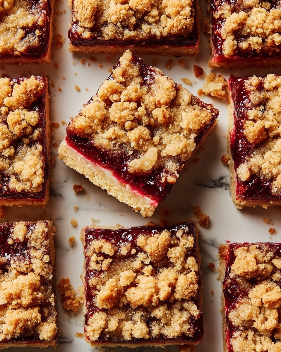 The image shows nine square bars arranged in three rows on a white marbled surface. Each bar has three layers: the bottom layer is a light brown crust with a crumbly texture, the middle layer is thick and creamy with a pale yellow color, and the top layer is a deep red berry filling mixed with golden brown chunky crumble pieces scattered unevenly across the surface. Some crumble pieces have bits of nuts visible. The bars are neatly cut and closely placed next to each other. photo taken with an iphone --ar 4:5 --v 7