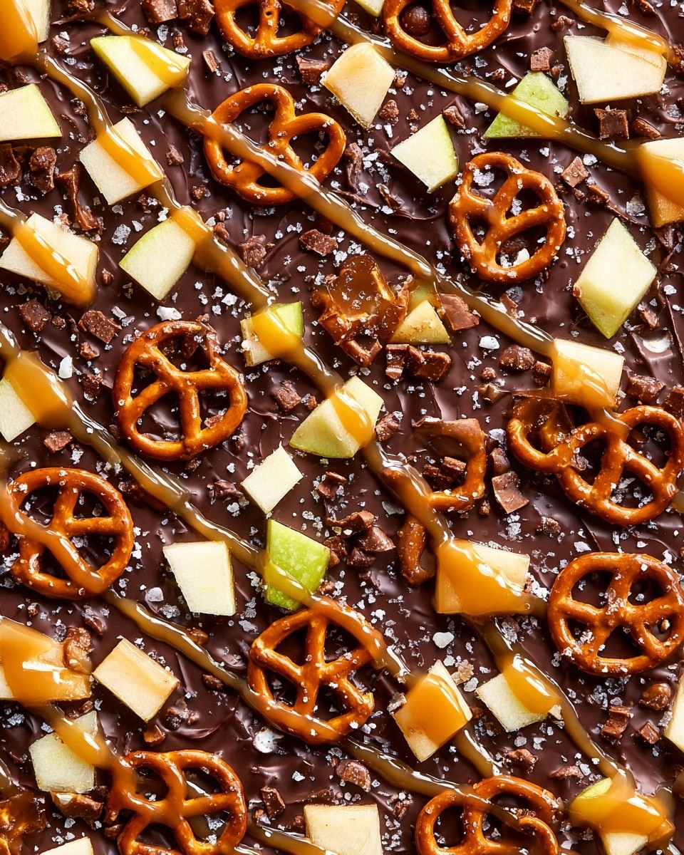 The image shows a close-up of a flat chocolate layer base, dark and smooth. On top, there are scattered small light yellow apple cubes, adding a fresh, soft look. Whole pretzels with a shiny, brown crunchy texture are placed evenly across the surface. A light brown caramel sauce is drizzled over the entire dish in thin lines, adding a glossy touch with some thicker spots. Small bits of sea salt are lightly sprinkled over everything, creating tiny white specks that add contrast. The background is a white marbled texture. Photo taken with an iphone --ar 4:5 --v 7