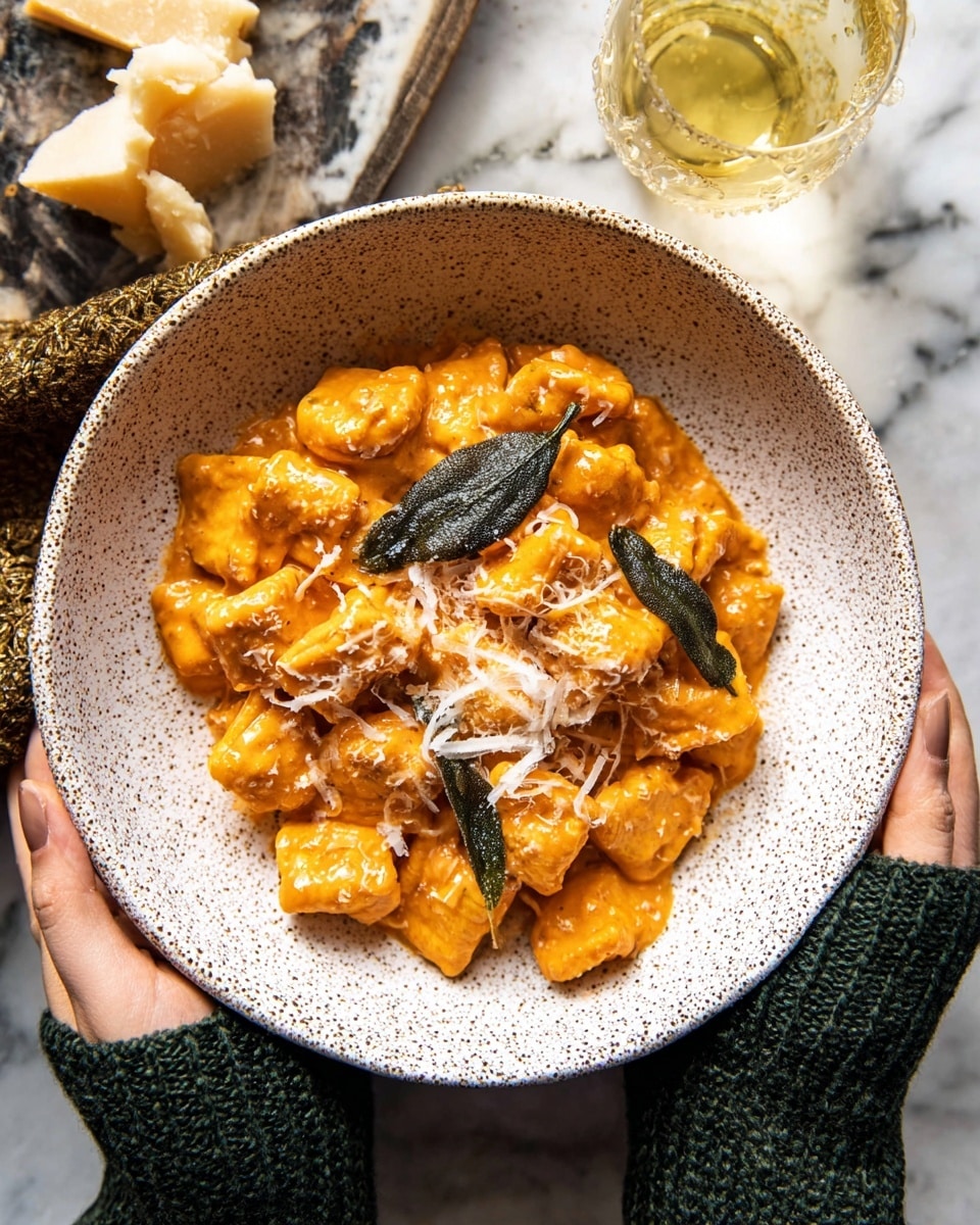 A black cast iron pan filled with a thick, orange creamy sauce covering small pasta shapes that look like tortellini, with the sauce covering every piece giving a smooth and rich texture. On top of the pasta, several deep green sage leaves are scattered, adding contrast and texture. A wooden spoon covered with the sauce rests inside the pan on the right side, partially covered by the pasta and sauce. The pan sits on a stony beige fabric, with a few fresh sage leaves next to the handle. photo taken with an iphone --ar 4:5 --v 7