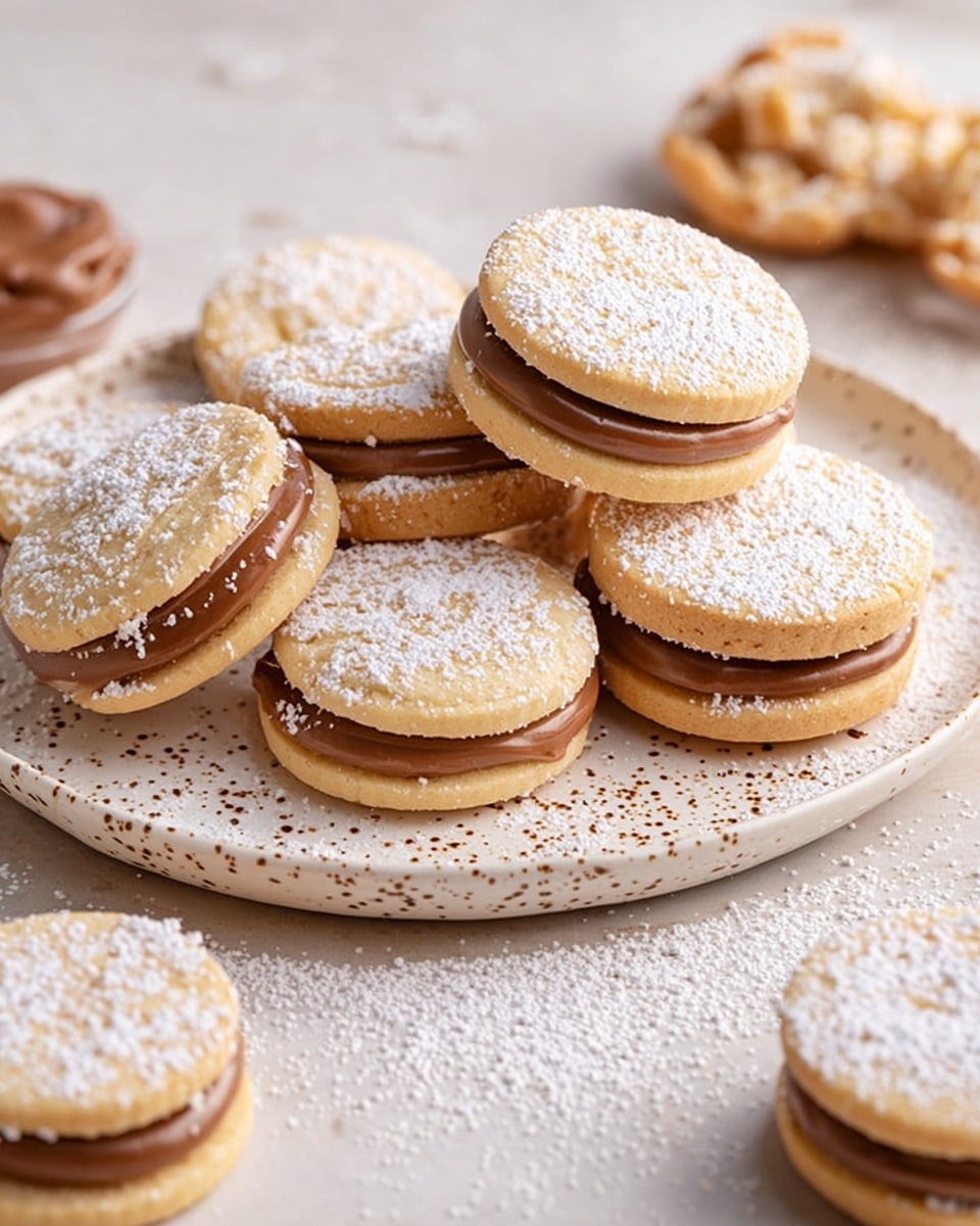The image shows round sandwich cookies with two light beige, crumbly layers forming each cookie. Between the biscuit layers is a thick layer of caramel-colored filling. The edges of the filling are rolled in fine white coconut flakes that add texture and color contrast. One cookie is placed on top of another, with the top cookie having a bite taken out, revealing the soft, slightly crumbly texture inside and the smooth filling. The cookies are scattered casually on a white marbled surface with some crumbs around them. Photo taken with an iphone --ar 4:5 --v 7