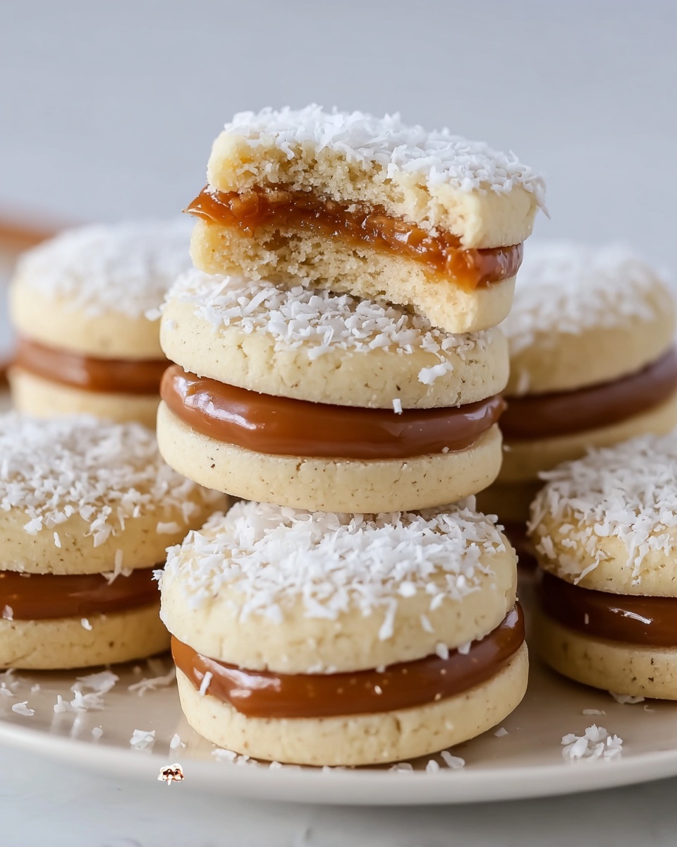 The image shows a stack of eight round sandwiches on a white marbled surface, all placed on a white plate. Each sandwich has two pale, soft-looking cookies as the top and bottom layers. Between the cookies is a thick, smooth caramel filling of a rich brown color. The edges of the caramel filling in most sandwiches are rolled in white shredded coconut flakes, adding texture and contrast around the sides. One sandwich is placed on top of the others, with a bite taken out of it, revealing the creamy caramel inside. The cookies have a slight crumbly texture with small cracks on the surface. Photo taken with an iphone --ar 4:5 --v 7