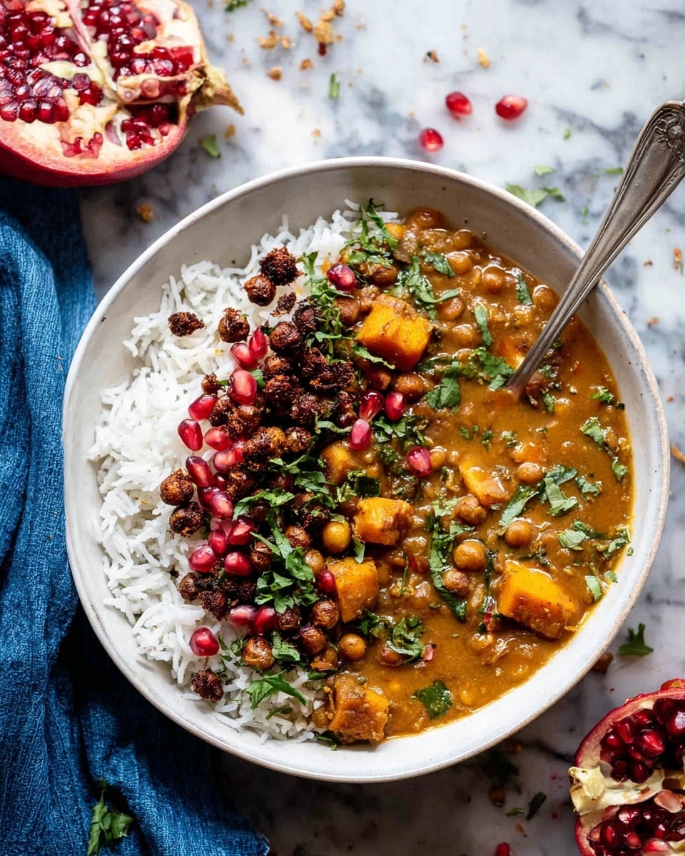 A white bowl filled with two main layers: one side has white rice topped with dark, crispy roasted chickpeas and scattered bright red pomegranate seeds. The other side has a thick, orange-brown curry with visible lentils, small orange cubes, and fresh green herbs sprinkled on top. A silver spoon rests inside the bowl, partially in the curry with some of the orange cubes on it. The bowl is placed on a white marbled surface with half a pomegranate nearby, showing its red seeds, and some loose seeds and herb bits scattered around. A blue cloth is on the left edge. Photo taken with an iphone --ar 4:5 --v 7