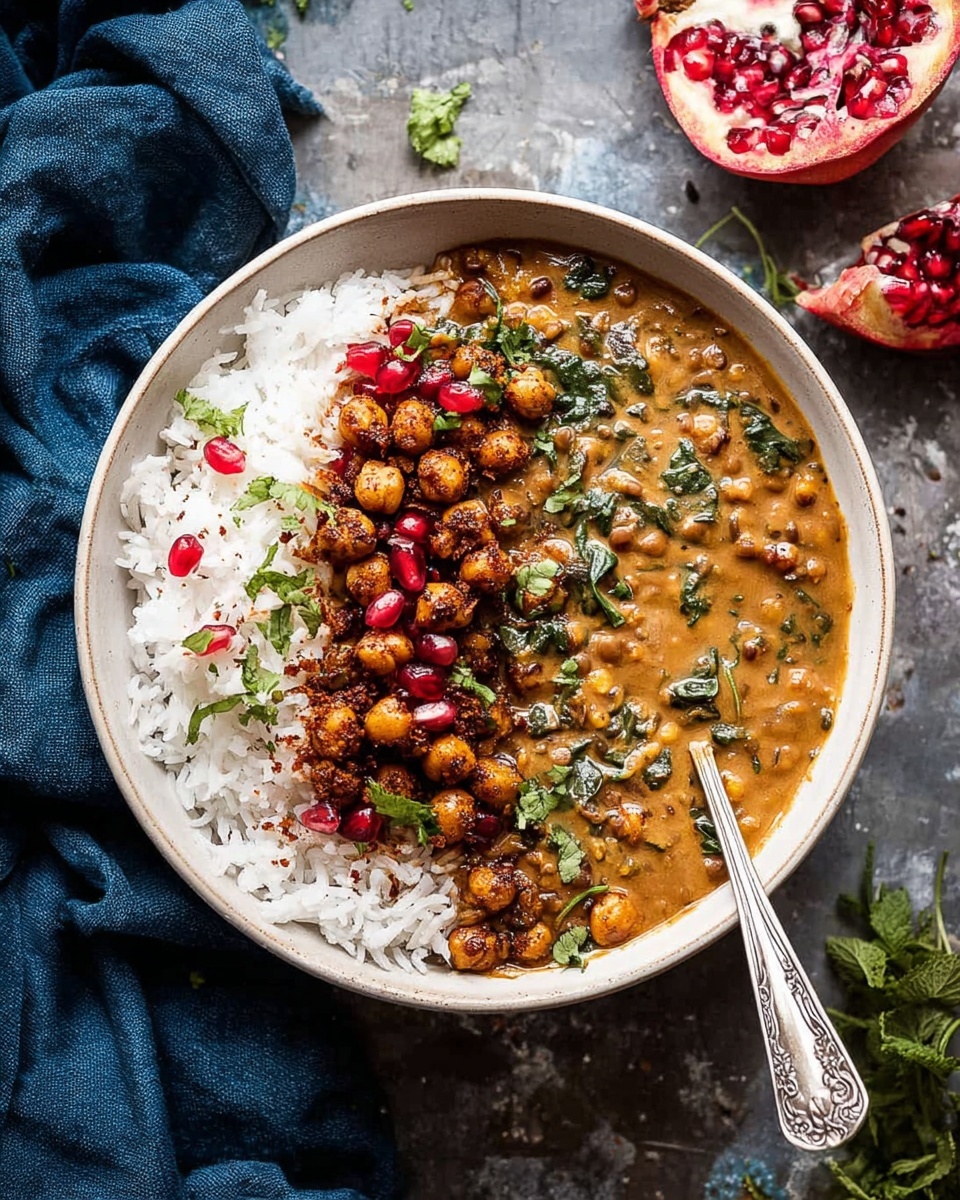 A white round bowl filled with white rice on the left side topped with crispy brown chickpeas and small green herb pieces, and a creamy brown lentil curry on the right side with visible lentils and green leafy herbs mixed in and sprinkled on top. Bright red pomegranate seeds are scattered near the center and on the curry. A silver spoon is placed inside the curry on the right, resting against the side of the bowl. The bowl is set on a gray rustic surface with a dark blue cloth on the left and a halved pomegranate with seeds visible on the top right, along with some small green herbs scattered around. photo taken with an iphone --ar 4:5 --v 7