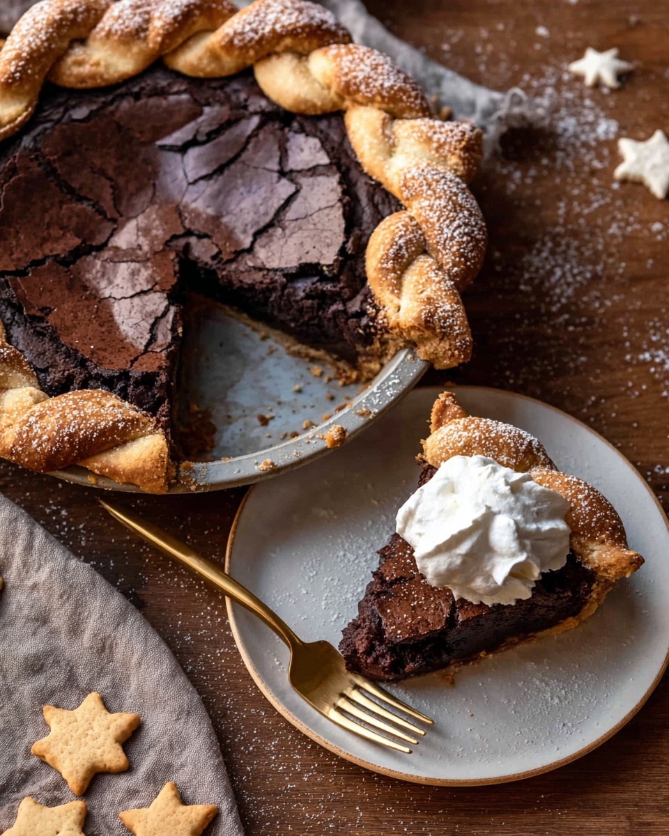 This image shows a dark chocolate pie with a cracked crust on top, displaying a rich, deep brown color and a slightly rough texture. The pie has a thick, braided golden-brown crust sprinkled with sugar, forming the outer edge. One slice is pulled out and placed on a white plate with a light beige rim, topped with a dollop of white whipped cream. The plate sits on a wooden surface with a few small star-shaped cookie pieces sprinkled with sugar nearby. A gold fork lies beside the slice on the plate. The photo taken with an iphone --ar 4:5 --v 7
