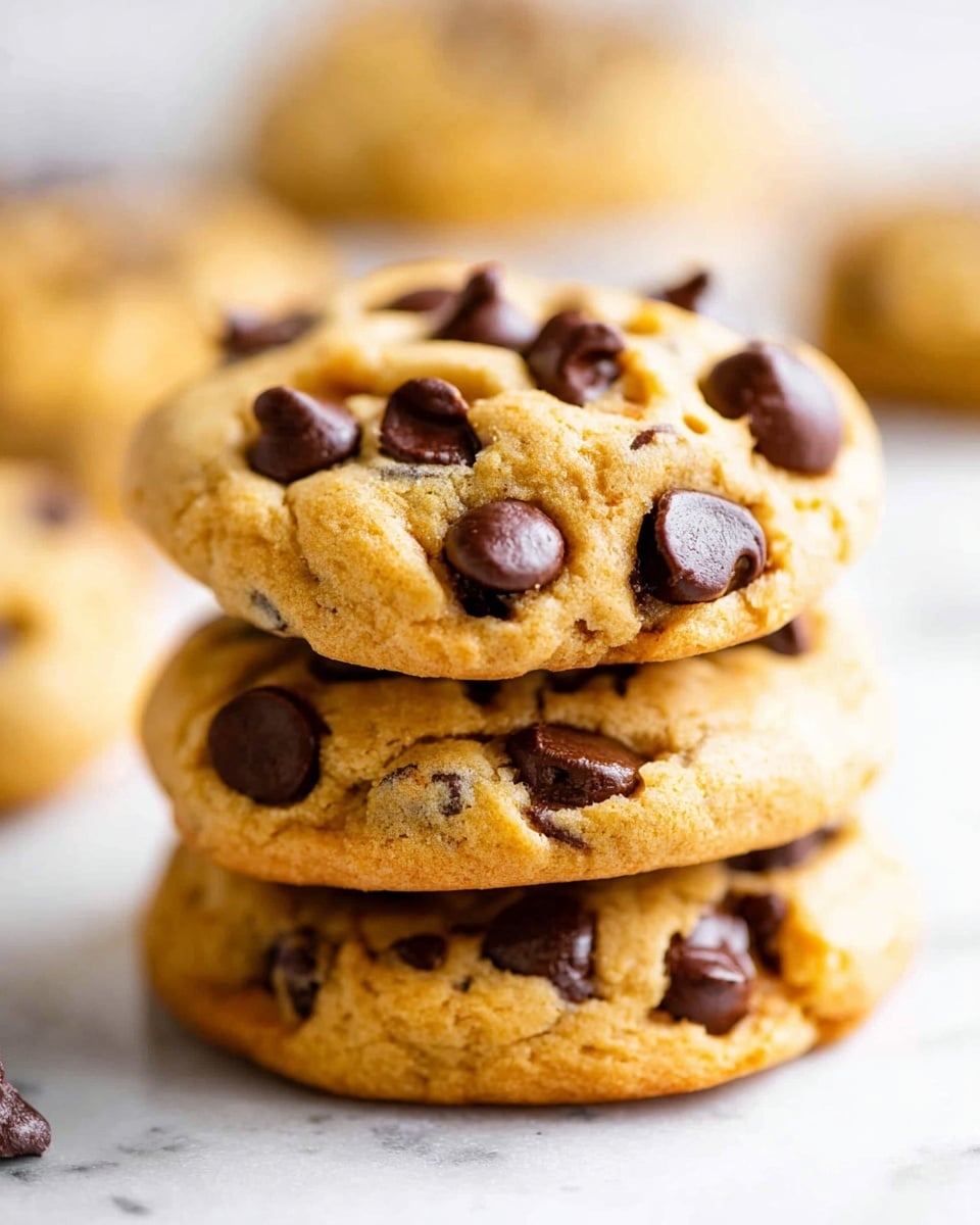 A stack of three thick, soft chocolate chip cookies is shown in close-up on a white marbled surface. Each cookie is golden brown with a slightly bumpy texture, filled with many large dark chocolate chips evenly spread on top and inside. The top cookie is the most focused, showing detailed soft dough with chocolate chips sticking out, while the bottom two cookies have a slightly blurred look. In the background, there are additional cookies, softly out of focus. The overall lighting is bright and natural, highlighting the warm, inviting colors of the cookies. photo taken with an iphone --ar 4:5 --v 7