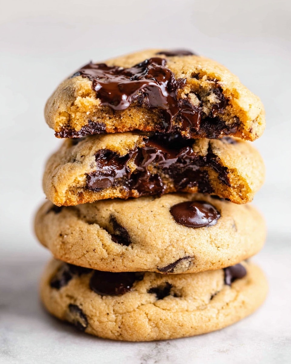 A stack of four thick, soft chocolate chip cookies sits on a white marbled surface. The bottom three cookies are whole, light golden-brown with dark, glossy chocolate chips embedded on top. The top cookie is broken in half, showing a soft, moist interior with melted chocolate chips oozing slightly, creating a rich contrast with the cookie dough. The edges of the cookies are slightly rounded and have a tender texture. The lighting highlights the shine on the chocolate and the warm color of the cookies. Photo taken with an iphone --ar 4:5 --v 7